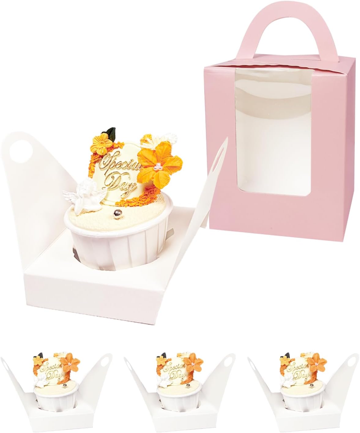 Auto-pop up Individual Cupcake Boxes with Window 25 Count Pink Single Cupcakes Box 3.7 x 3.7 x 4.3inch Cupcake Carrier - Image 3
