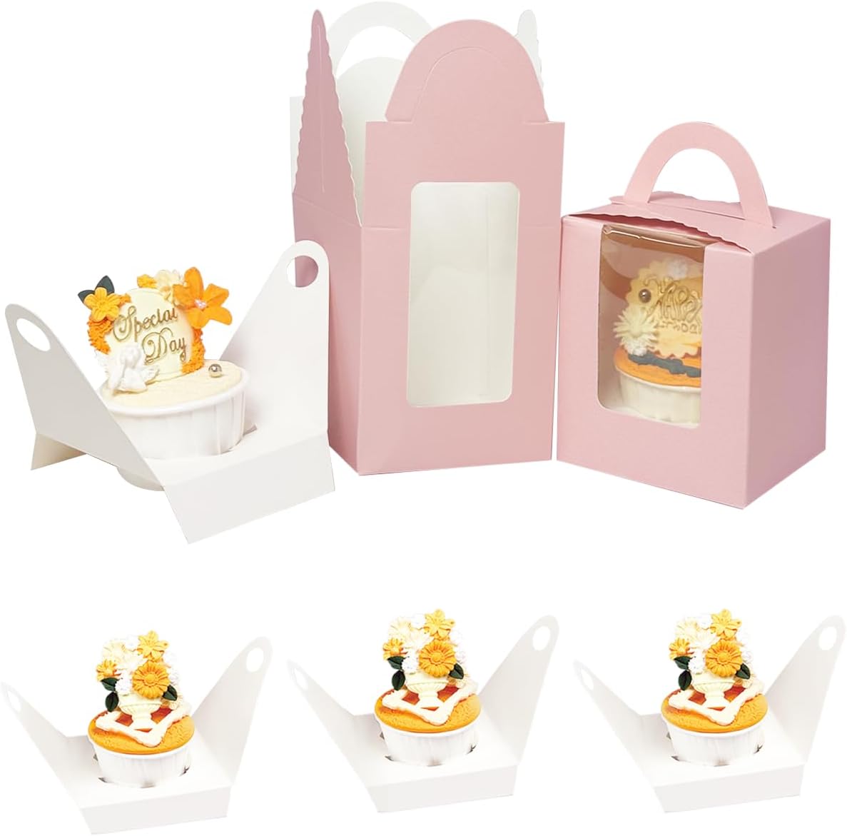 Auto-pop up Individual Cupcake Boxes with Window 25 Count Pink Single Cupcakes Box 3.7 x 3.7 x 4.3inch Cupcake Carrier - Image 4