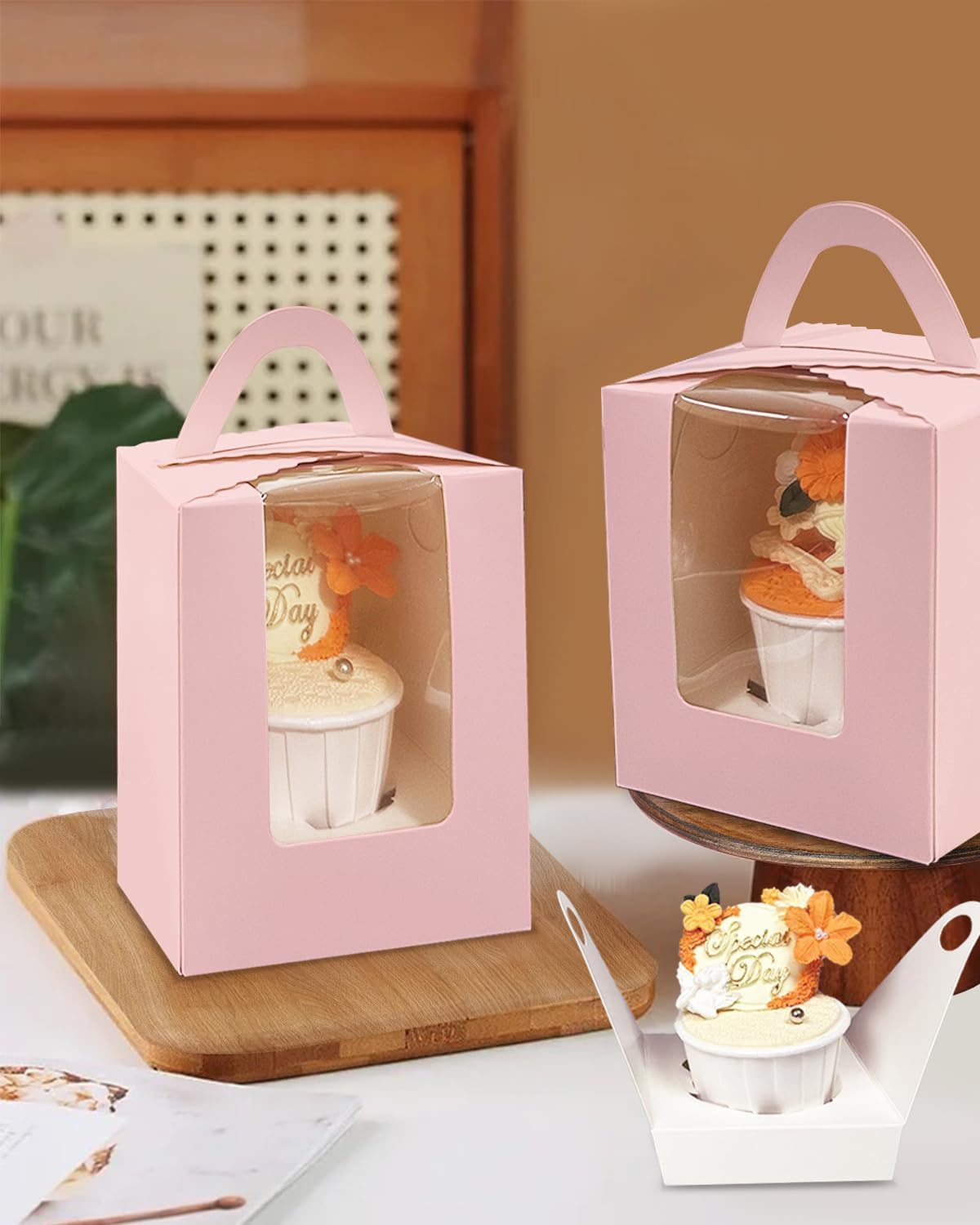 Auto-pop up Individual Cupcake Boxes with Window 25 Count Pink Single Cupcakes Box 3.7 x 3.7 x 4.3inch Cupcake Carrier - Image 6