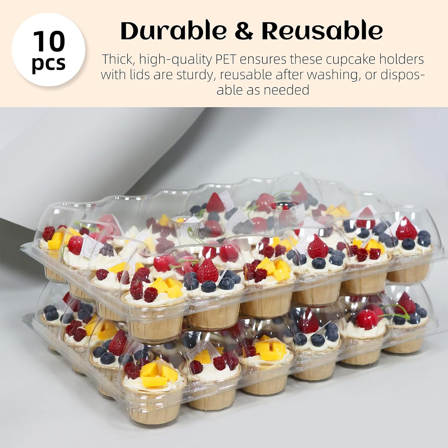 24 Count x 10 Sets Plastic Cupcake Containers, Durable and BPA-Free Cupcake Holder with Lid for Easy Transport Storage, Stackable Clear Cupcake Carriers, Reusable Dessert Boxes - Image 3