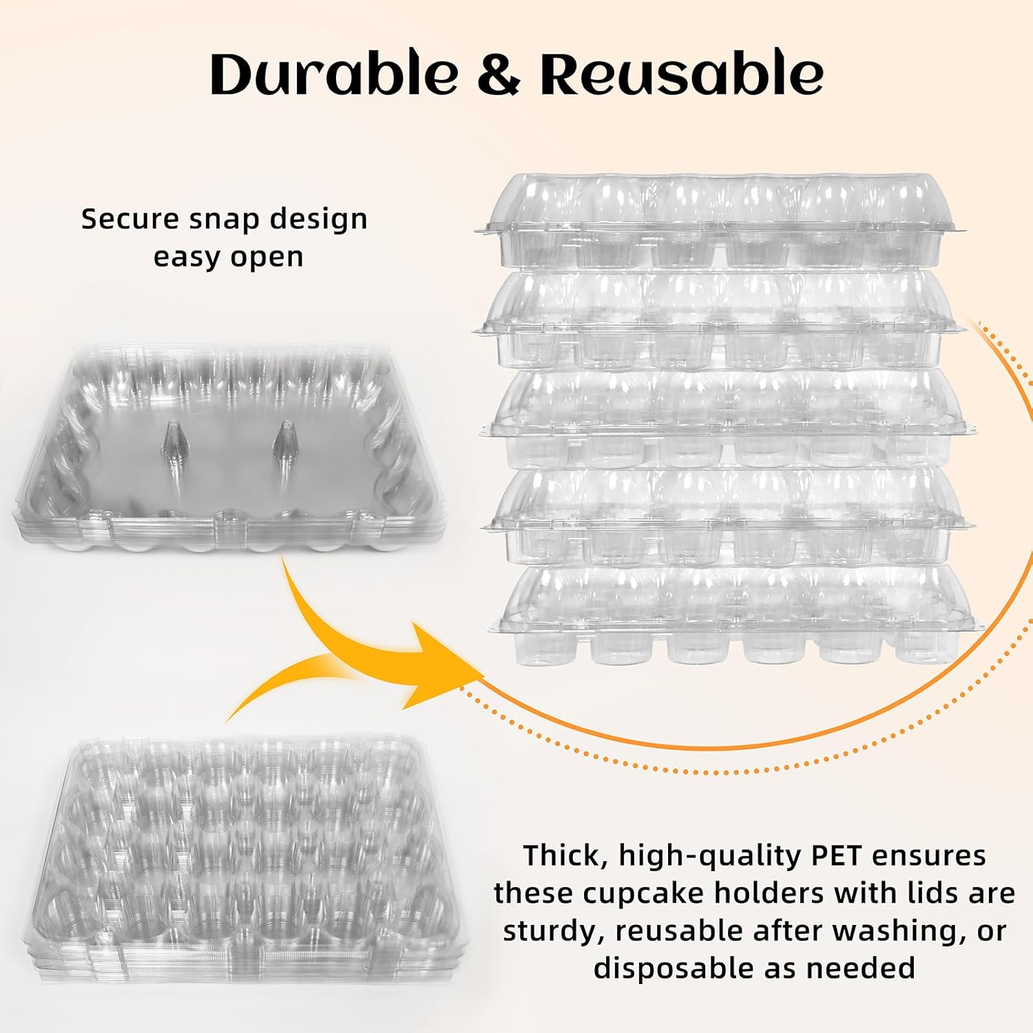 24 Count x 10 Sets Plastic Cupcake Containers, Durable and BPA-Free Cupcake Holder with Lid for Easy Transport Storage, Stackable Clear Cupcake Carriers, Reusable Dessert Boxes - Image 4