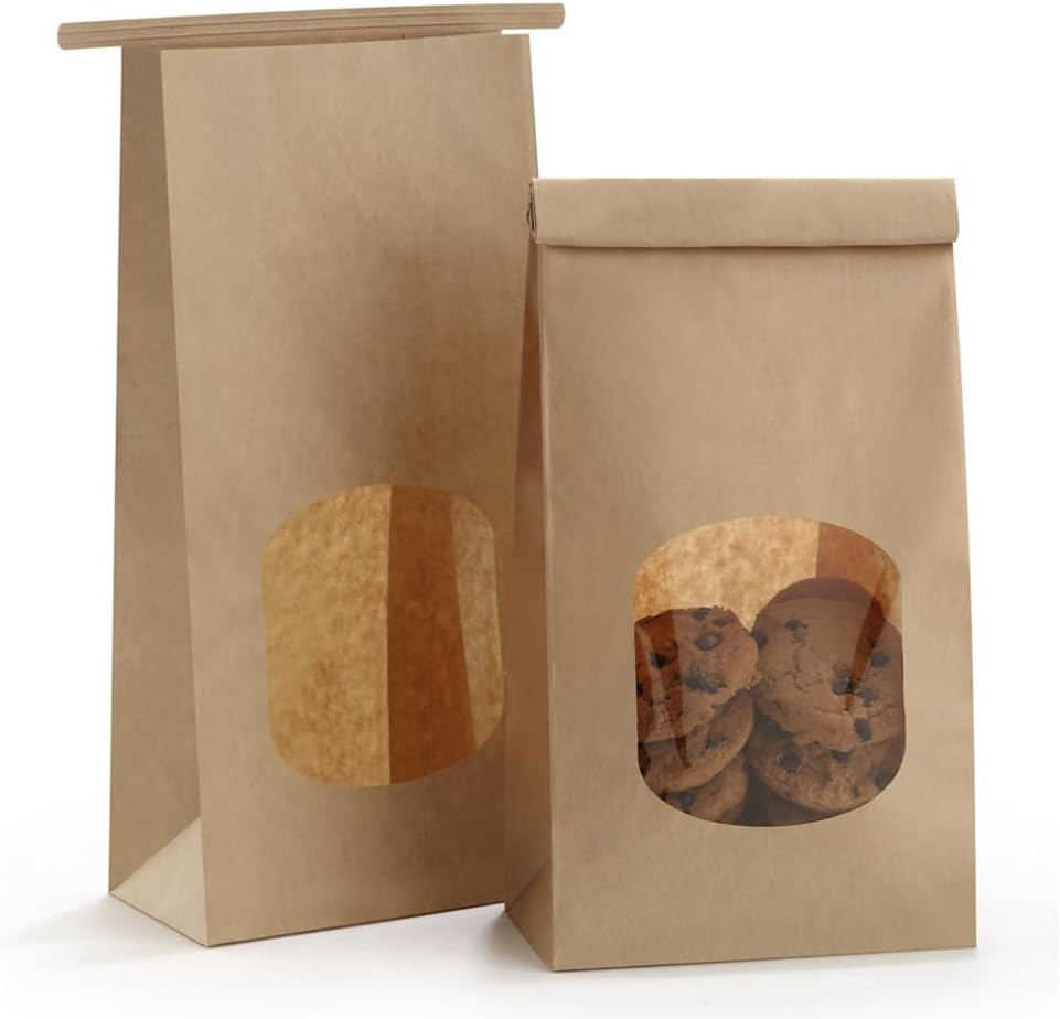 Bakery Bags with Window 100pcs 4.5x2.36x9.6 Inches Window Tin Tie Tab Lock Kraft Brown Paper Bags for Coffee Bean, Cookies, Treat, Snack - Image 1