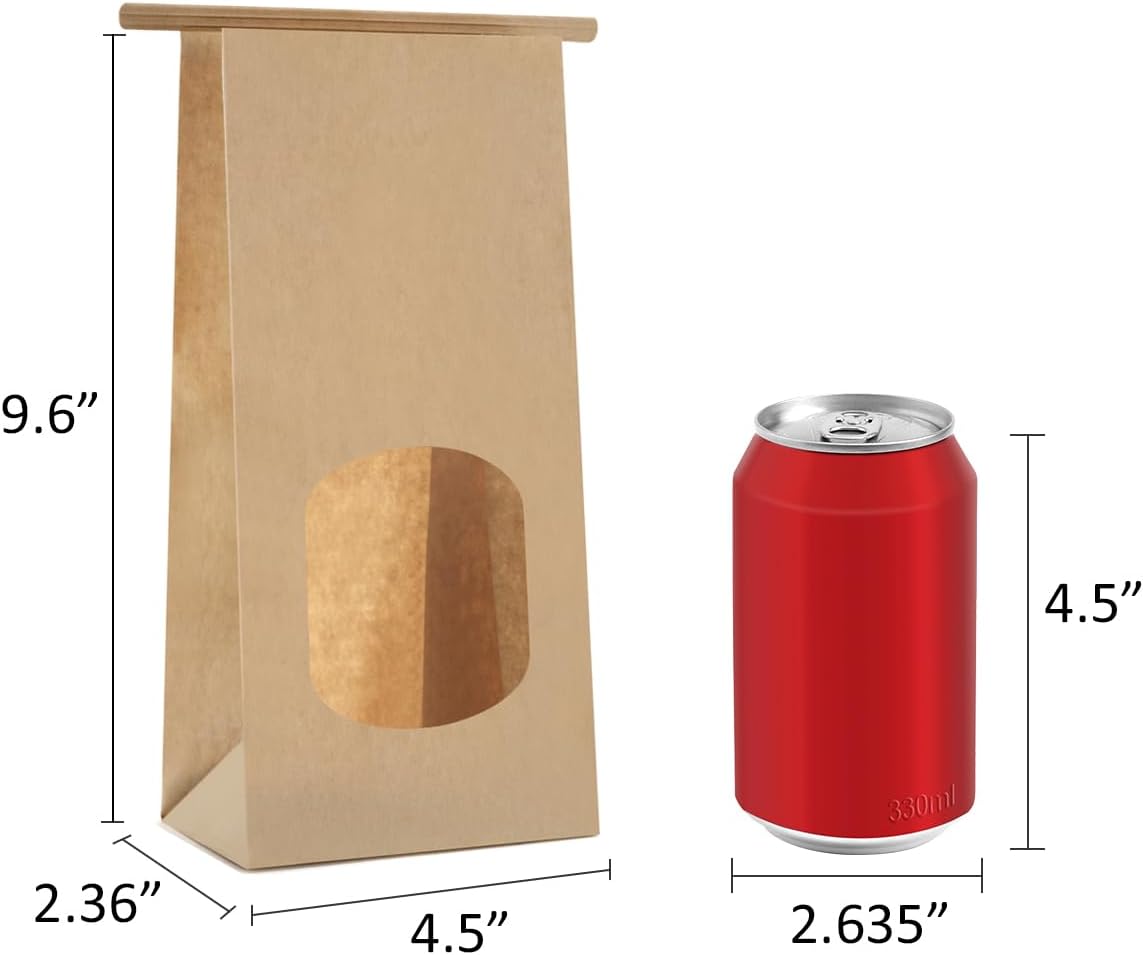Bakery Bags with Window 100pcs 4.5x2.36x9.6 Inches Window Tin Tie Tab Lock Kraft Brown Paper Bags for Coffee Bean, Cookies, Treat, Snack - Image 2