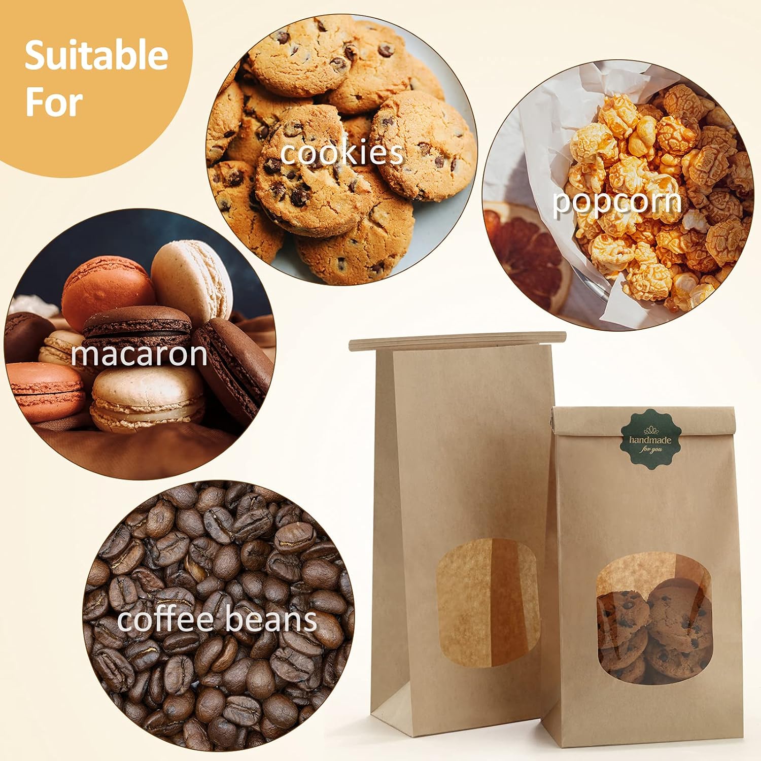 Bakery Bags with Window 100pcs 4.5x2.36x9.6 Inches Window Tin Tie Tab Lock Kraft Brown Paper Bags for Coffee Bean, Cookies, Treat, Snack - Image 3