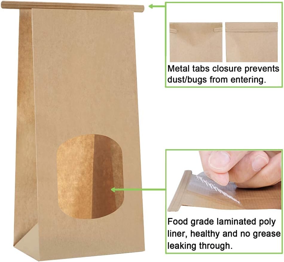 Bakery Bags with Window 100pcs 4.5x2.36x9.6 Inches Window Tin Tie Tab Lock Kraft Brown Paper Bags for Coffee Bean, Cookies, Treat, Snack - Image 6