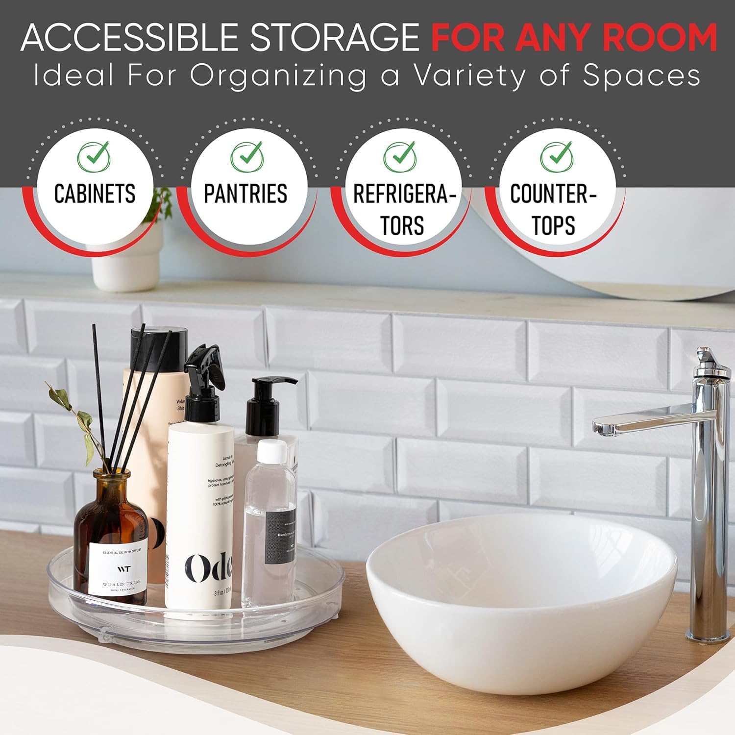 Clear Lazy Susan Organizer (Pack of 2) 9 Inch Turntable for Kitchen, Pantry, Fridge, Bathroom, and Vanity Countertops, Acrylic Rotating Organizer - Image 4