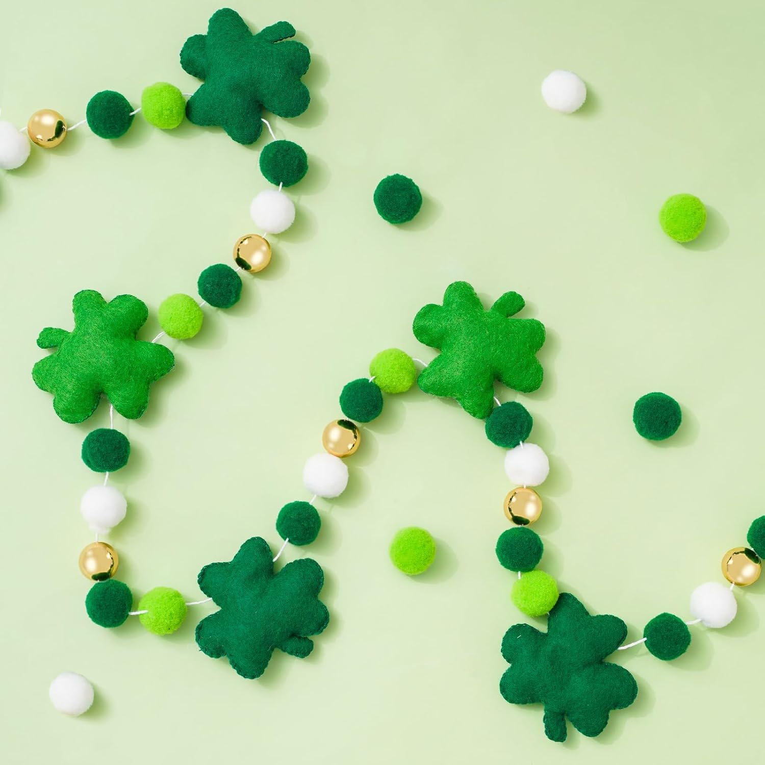 8.2 Ft St. Patrick's Day Felt Banner 3D Lucky Shamrock Clover with Gold Bead Hanging Garland Green White Pom Ball Banner for Irish Holiday Home Wall Fireplace Decor - Image 1