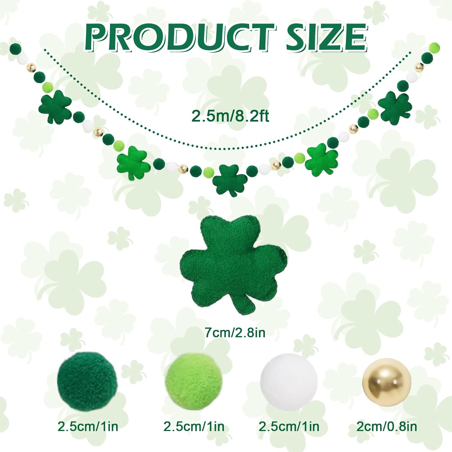 8.2 Ft St. Patrick's Day Felt Banner 3D Lucky Shamrock Clover with Gold Bead Hanging Garland Green White Pom Ball Banner for Irish Holiday Home Wall Fireplace Decor - Image 2