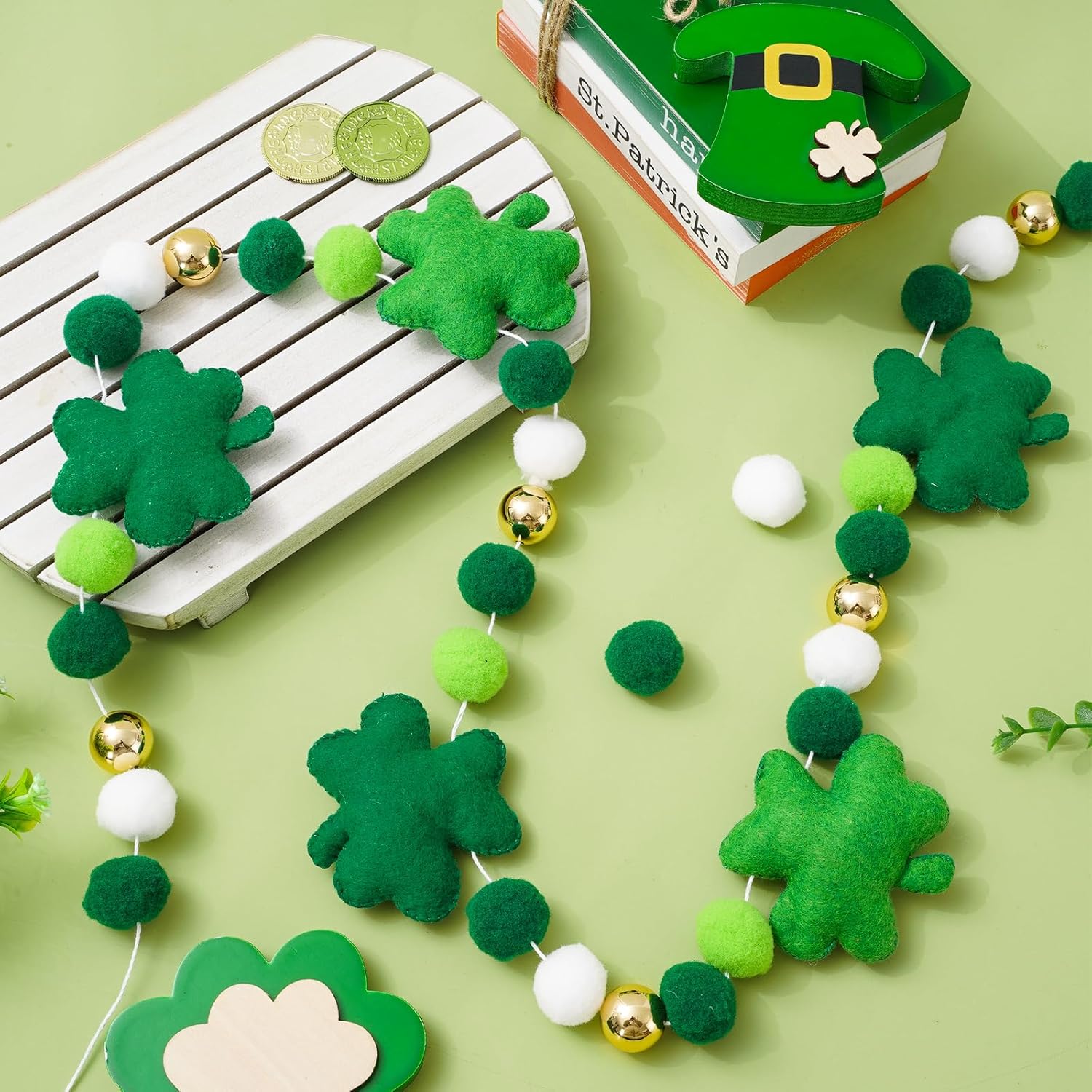 8.2 Ft St. Patrick's Day Felt Banner 3D Lucky Shamrock Clover with Gold Bead Hanging Garland Green White Pom Ball Banner for Irish Holiday Home Wall Fireplace Decor - Image 3