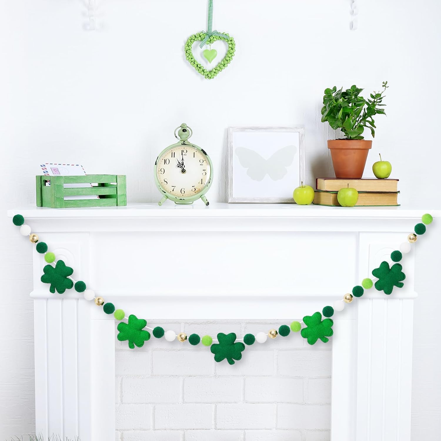 8.2 Ft St. Patrick's Day Felt Banner 3D Lucky Shamrock Clover with Gold Bead Hanging Garland Green White Pom Ball Banner for Irish Holiday Home Wall Fireplace Decor - Image 4