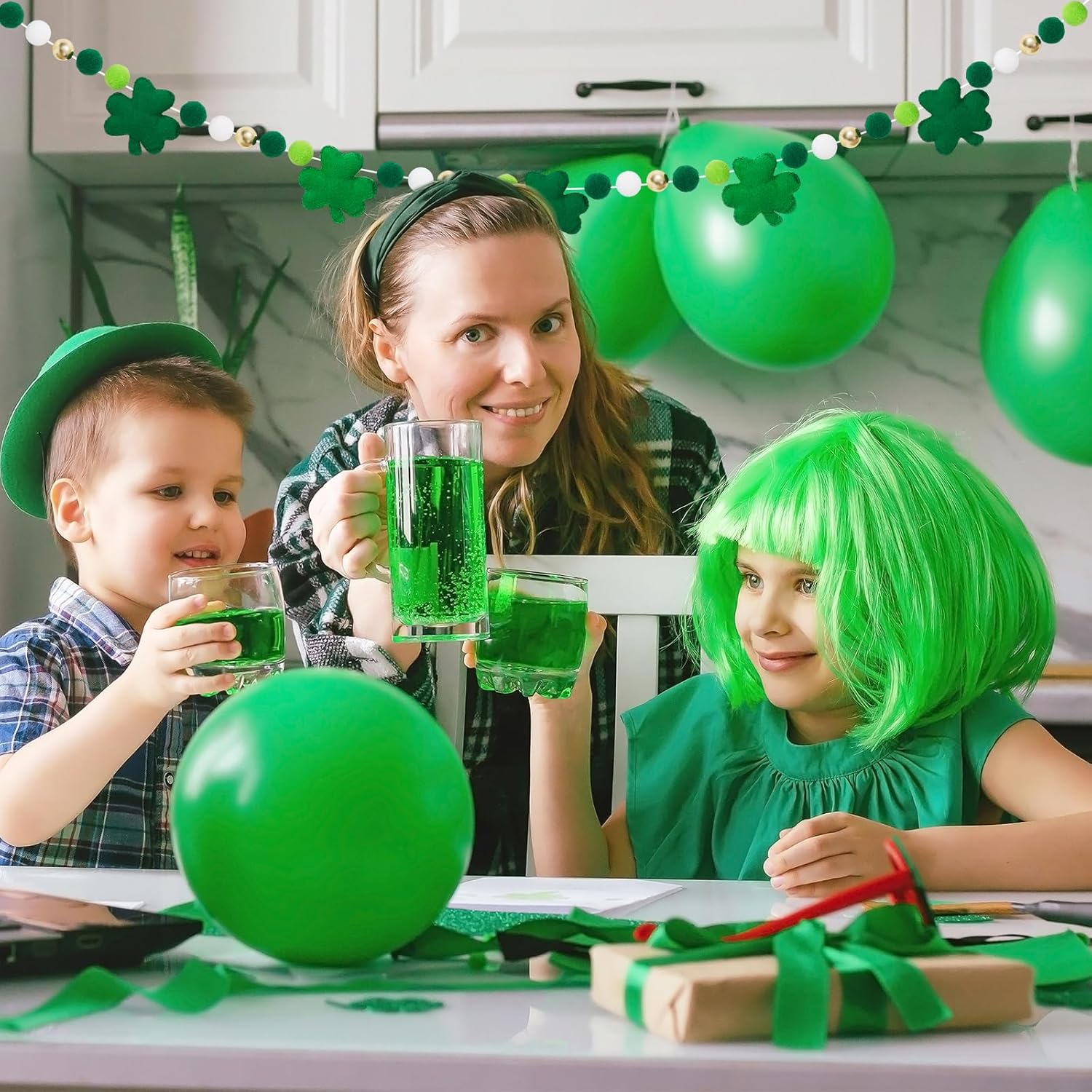 8.2 Ft St. Patrick's Day Felt Banner 3D Lucky Shamrock Clover with Gold Bead Hanging Garland Green White Pom Ball Banner for Irish Holiday Home Wall Fireplace Decor - Image 6