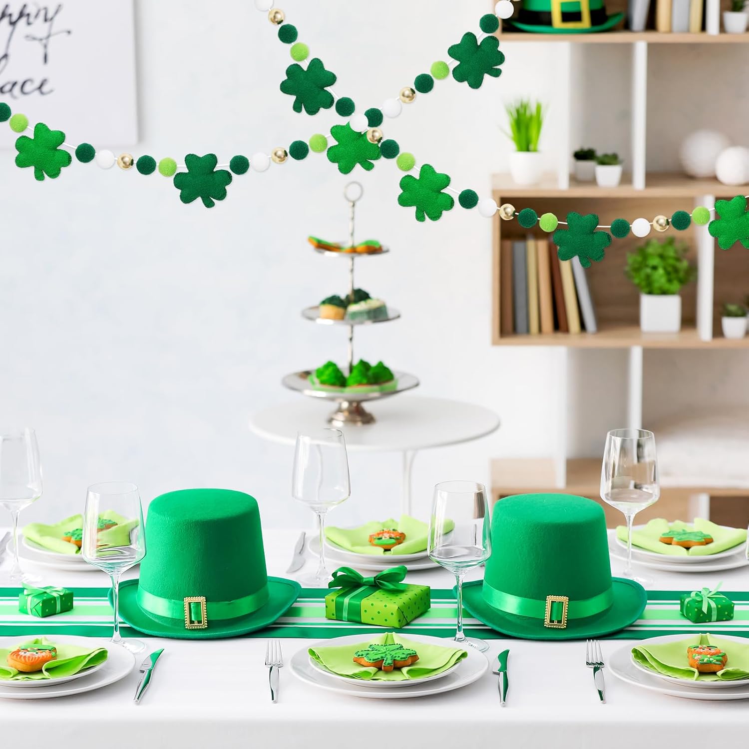 8.2 Ft St. Patrick's Day Felt Banner 3D Lucky Shamrock Clover with Gold Bead Hanging Garland Green White Pom Ball Banner for Irish Holiday Home Wall Fireplace Decor - Image 7