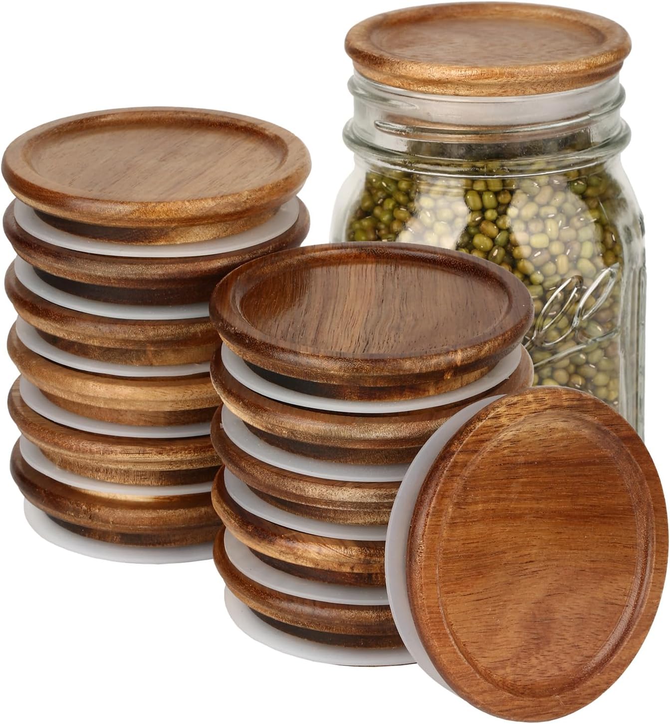 12 Pack Wide Mouth Mason Jar Lids, Reusable Canning Lids with Wooden and Silicone Seals - Perfect for Canning and Preserving in Mason Jars, Brown (12PCS Wide Lids) - Image 1