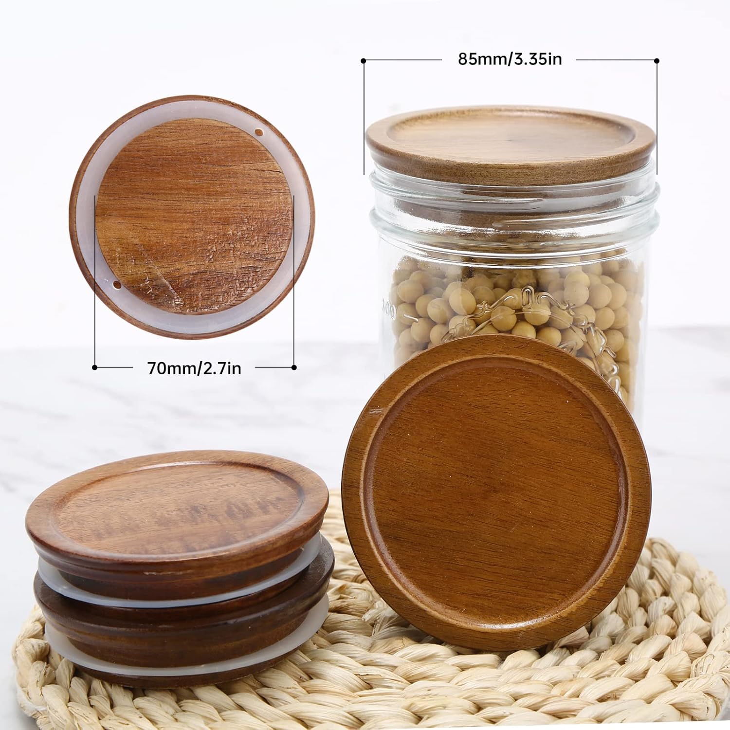 12 Pack Wide Mouth Mason Jar Lids, Reusable Canning Lids with Wooden and Silicone Seals - Perfect for Canning and Preserving in Mason Jars, Brown (12PCS Wide Lids) - Image 2