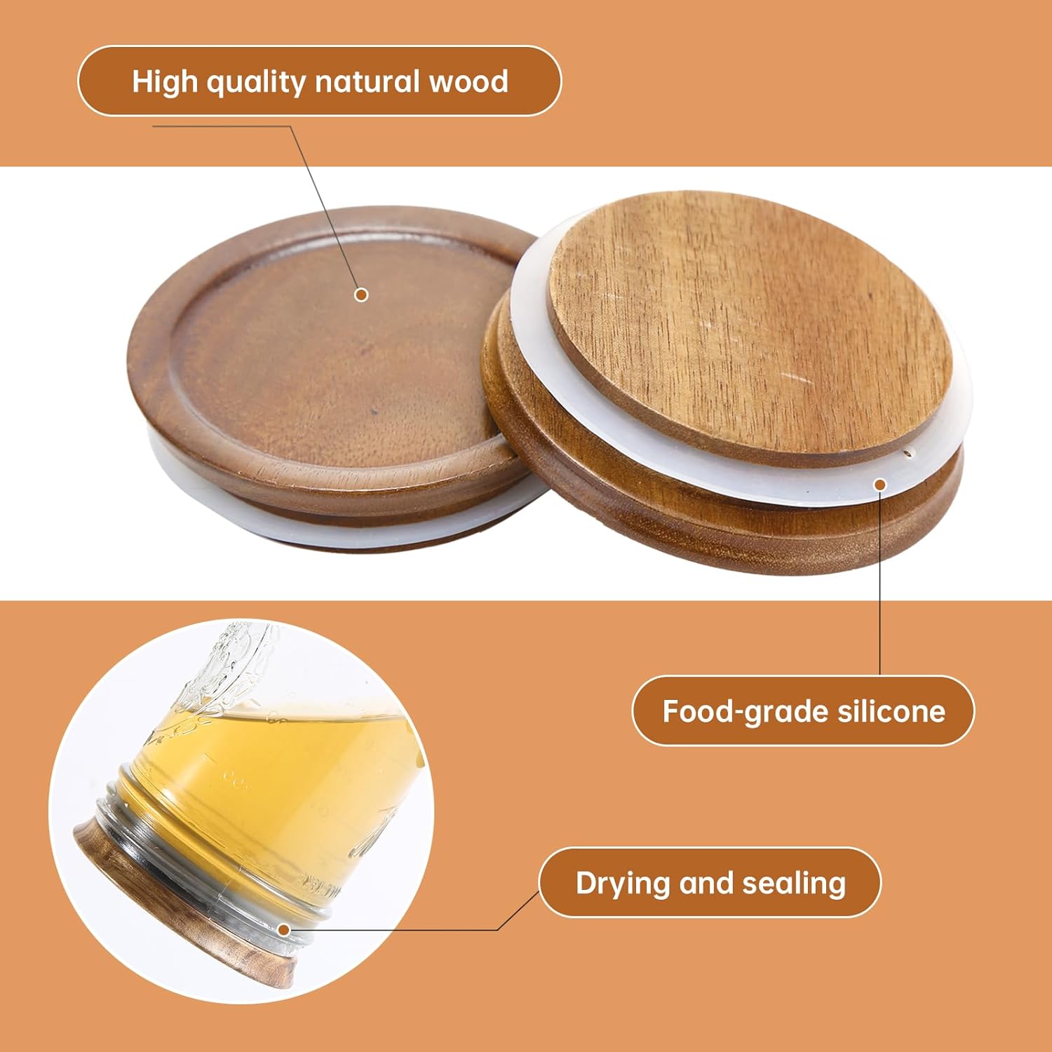 12 Pack Wide Mouth Mason Jar Lids, Reusable Canning Lids with Wooden and Silicone Seals - Perfect for Canning and Preserving in Mason Jars, Brown (12PCS Wide Lids) - Image 4