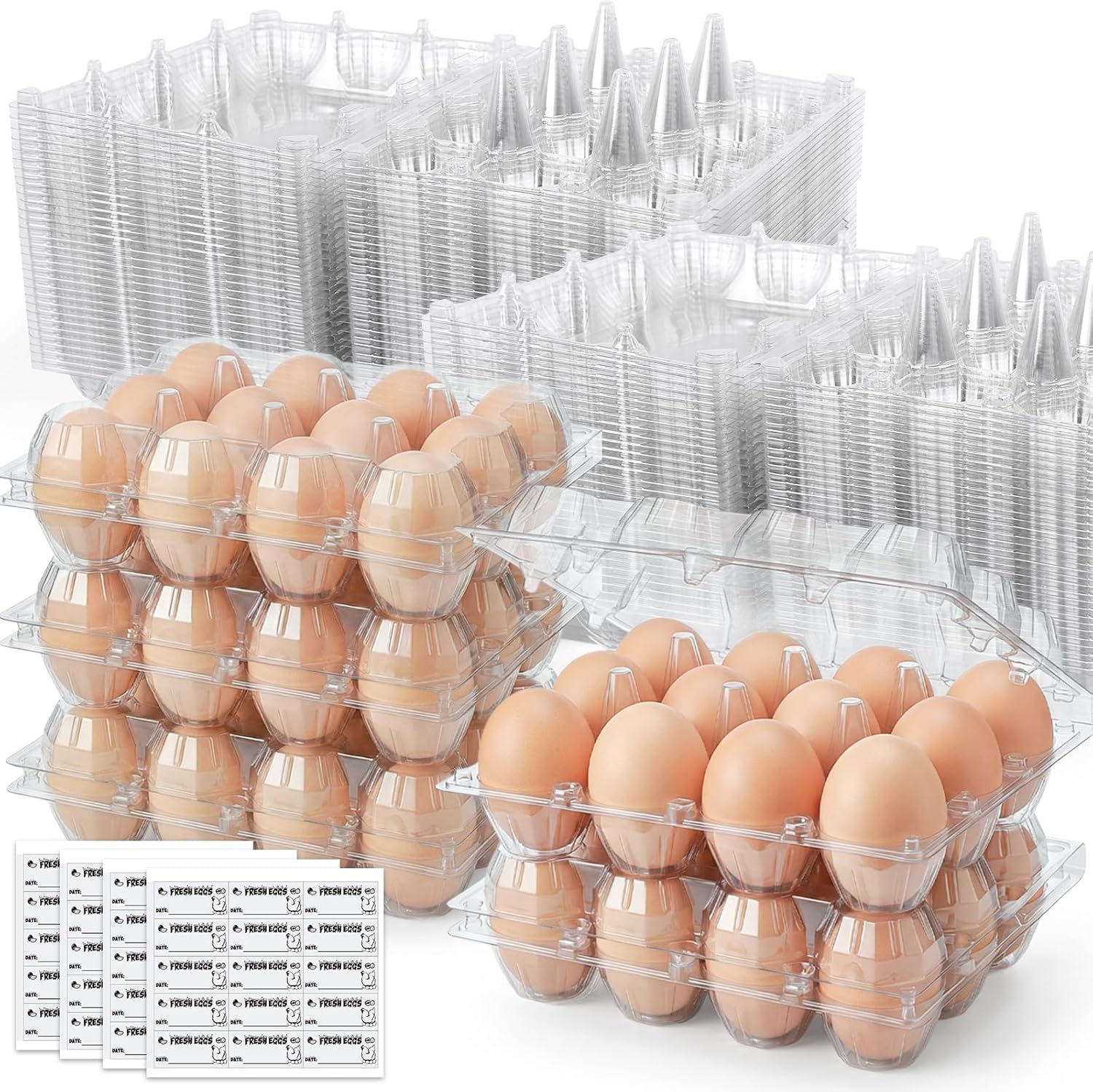 60 PCS 12 Count Plastic Egg Cartons, with 60PCS Date Labels, Clear Reusable Egg Containers Holds for Fresh Medium Eggs Storage, Suitable for Farms, Family, Markets Display - Image 1