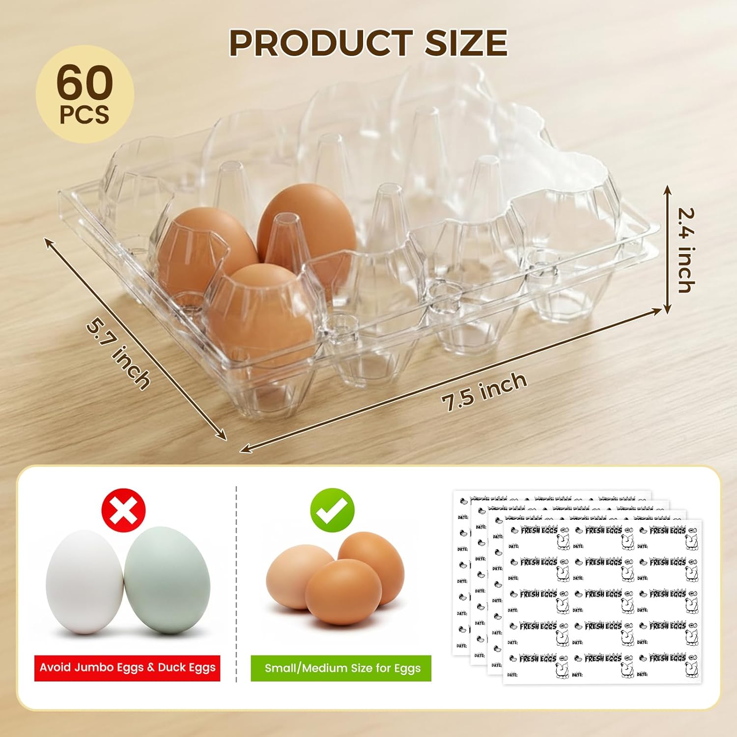 60 PCS 12 Count Plastic Egg Cartons, with 60PCS Date Labels, Clear Reusable Egg Containers Holds for Fresh Medium Eggs Storage, Suitable for Farms, Family, Markets Display - Image 2