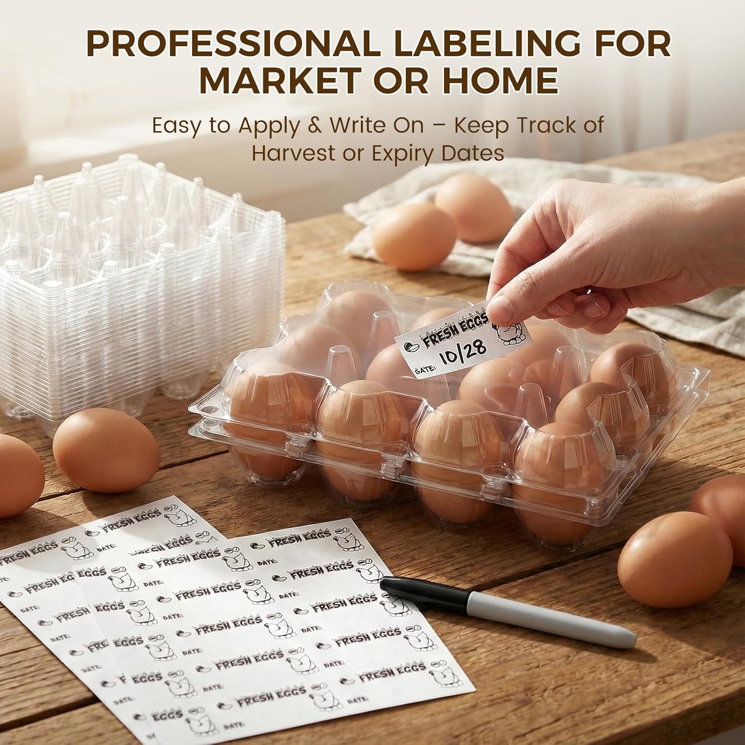 60 PCS 12 Count Plastic Egg Cartons, with 60PCS Date Labels, Clear Reusable Egg Containers Holds for Fresh Medium Eggs Storage, Suitable for Farms, Family, Markets Display - Image 5