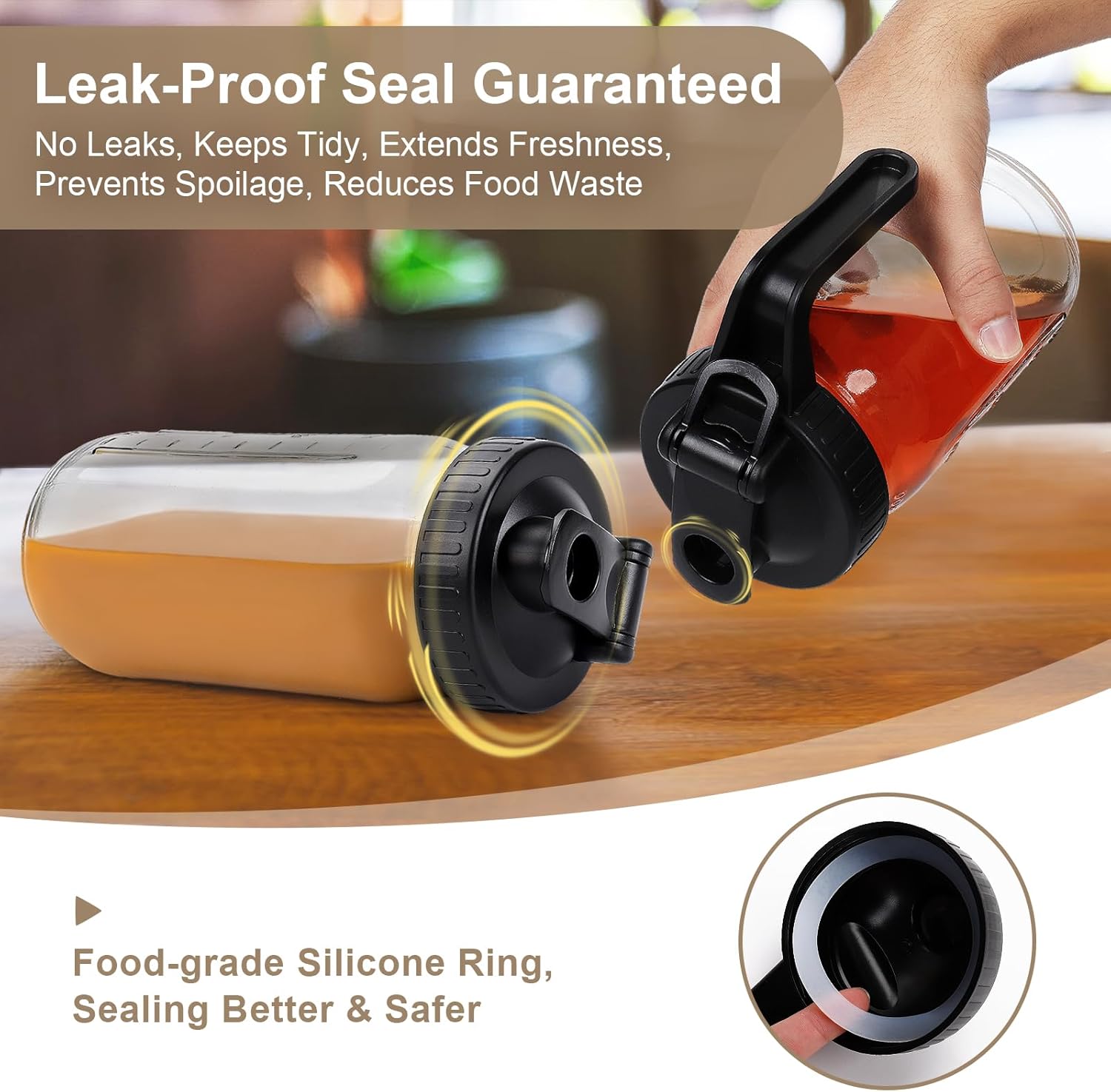 Wide Mouth Mason Jar Pour Spout Lid - 2 Pack Black Airtight Pour Spout Lid with Handle, Turns your Mason Jar into Pitcher, BPA Free & Durable Flip Cap Lids Easy to Clean Fit for Canning Jars - Image 4