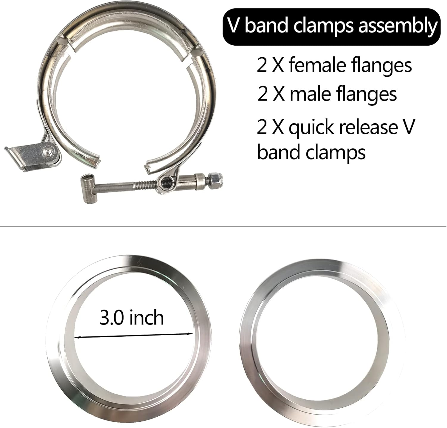 2 X 3 inch Quick Release V Band Clamp with Male Female Flanges 304 Stainless Steel for Turbo Downpipes, 2 Pack - Image 2