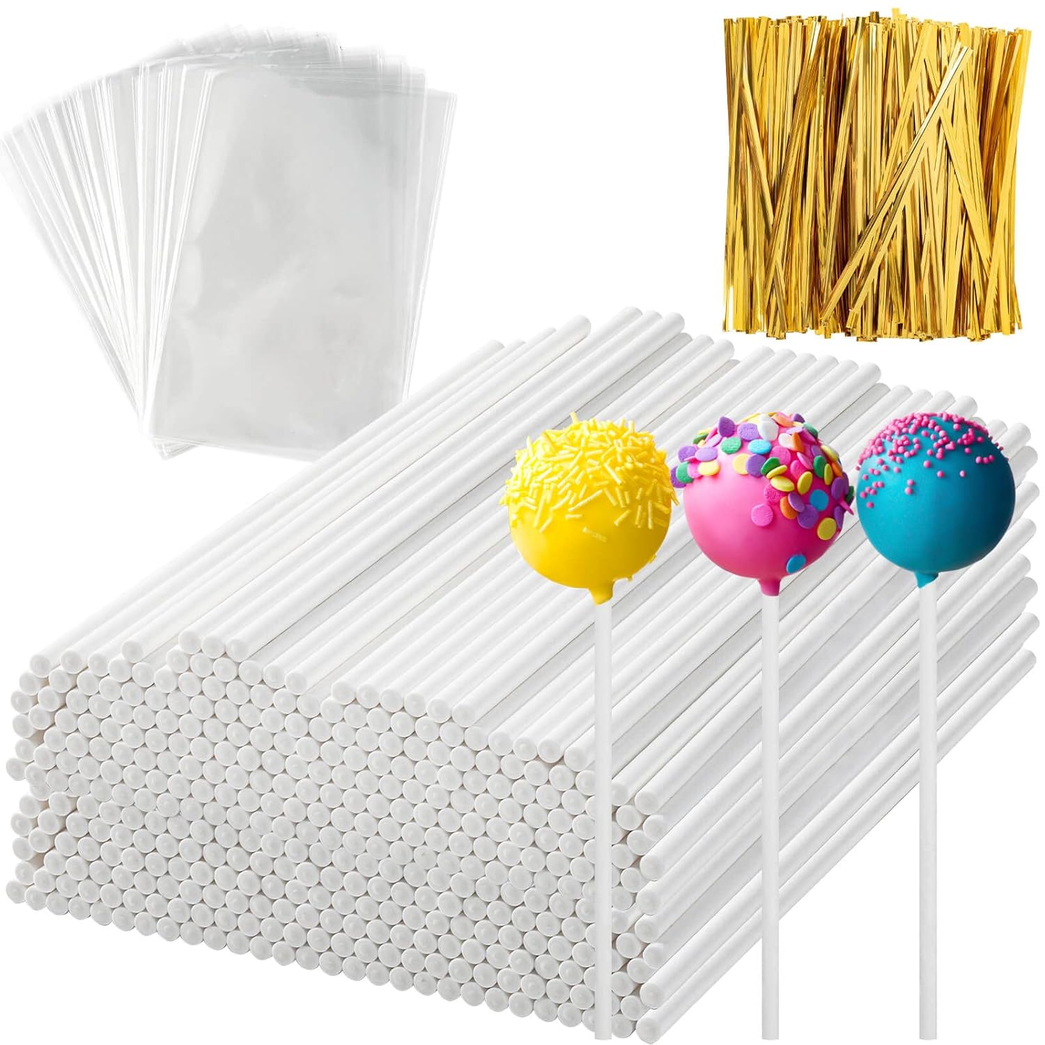 600Pcs Lollipop Stick, 6IN Cake Pop Sticks with Clear Treat Bags & Gold Twist Ties, Cake Pops Making Tools for Lollipops, Candies, Chocolates Cookies - Image 1