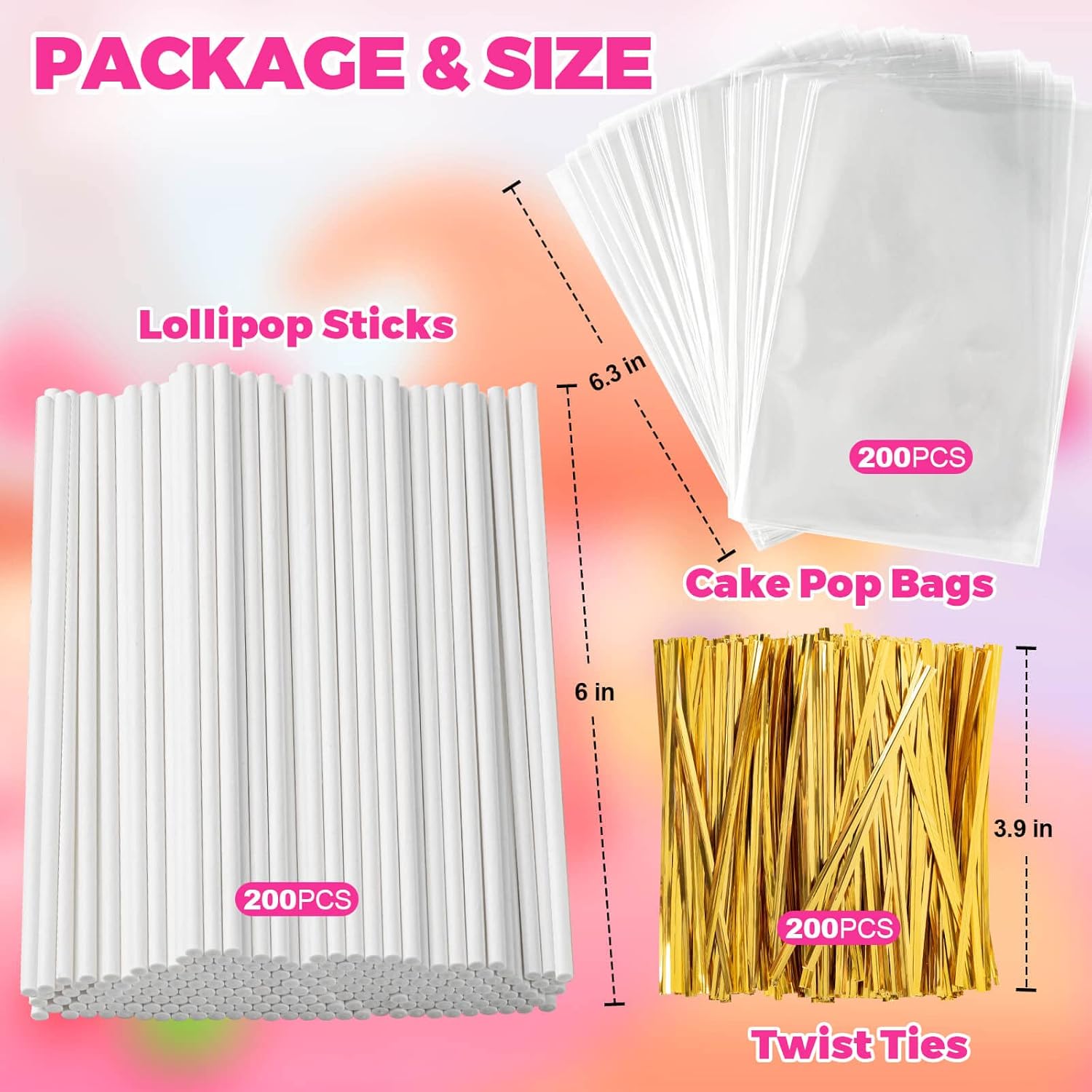 600Pcs Lollipop Stick, 6IN Cake Pop Sticks with Clear Treat Bags & Gold Twist Ties, Cake Pops Making Tools for Lollipops, Candies, Chocolates Cookies - Image 2