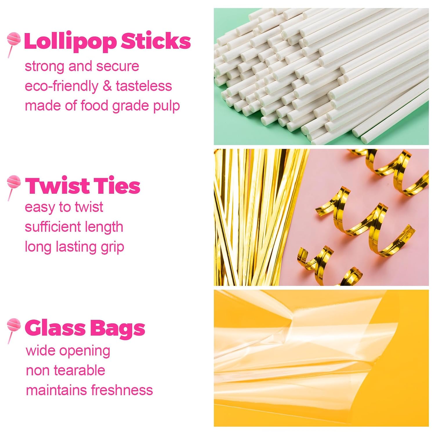 600Pcs Lollipop Stick, 6IN Cake Pop Sticks with Clear Treat Bags & Gold Twist Ties, Cake Pops Making Tools for Lollipops, Candies, Chocolates Cookies - Image 3