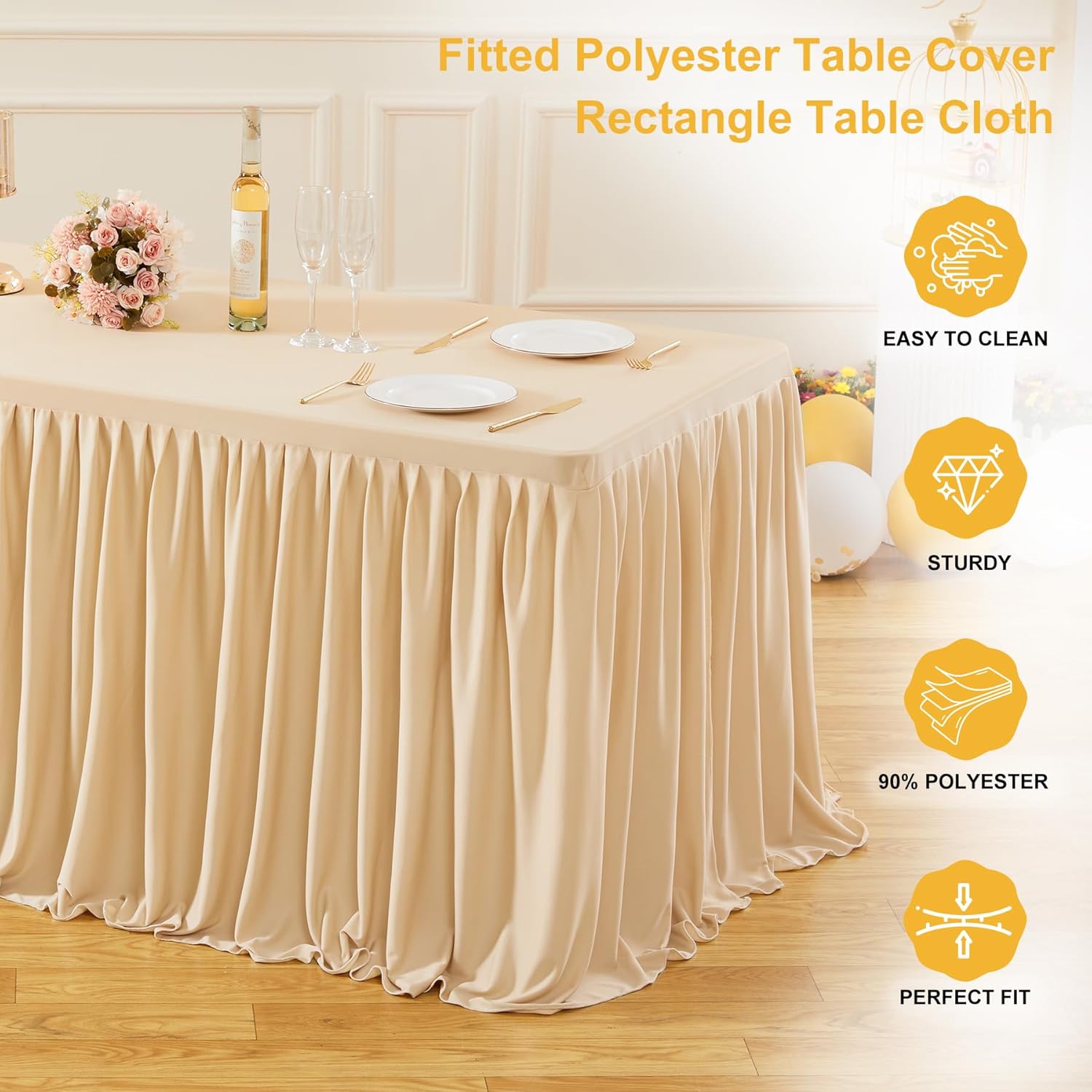 2 Pack Champagne Rectangle Table Clothes for 6 Foot Tables, Polyester Fitted Tablecloths 6t Stretch Table Cover for Wedding, Birthday, Parties, Trade Show, Craft Show - Image 2