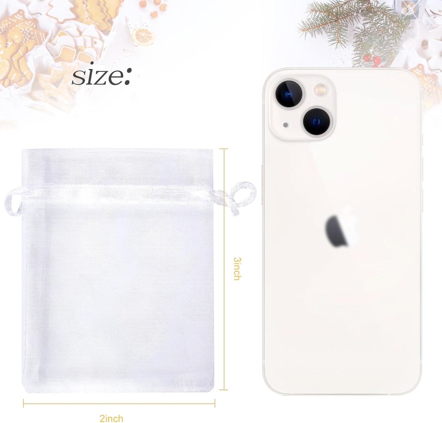 100Pcs White Organza Bags, 2x3Inch Sheer Wedding Party Favor Bags with Drawstring, Jewelry Gift Bags Christmas Candy Pouches - Image 2