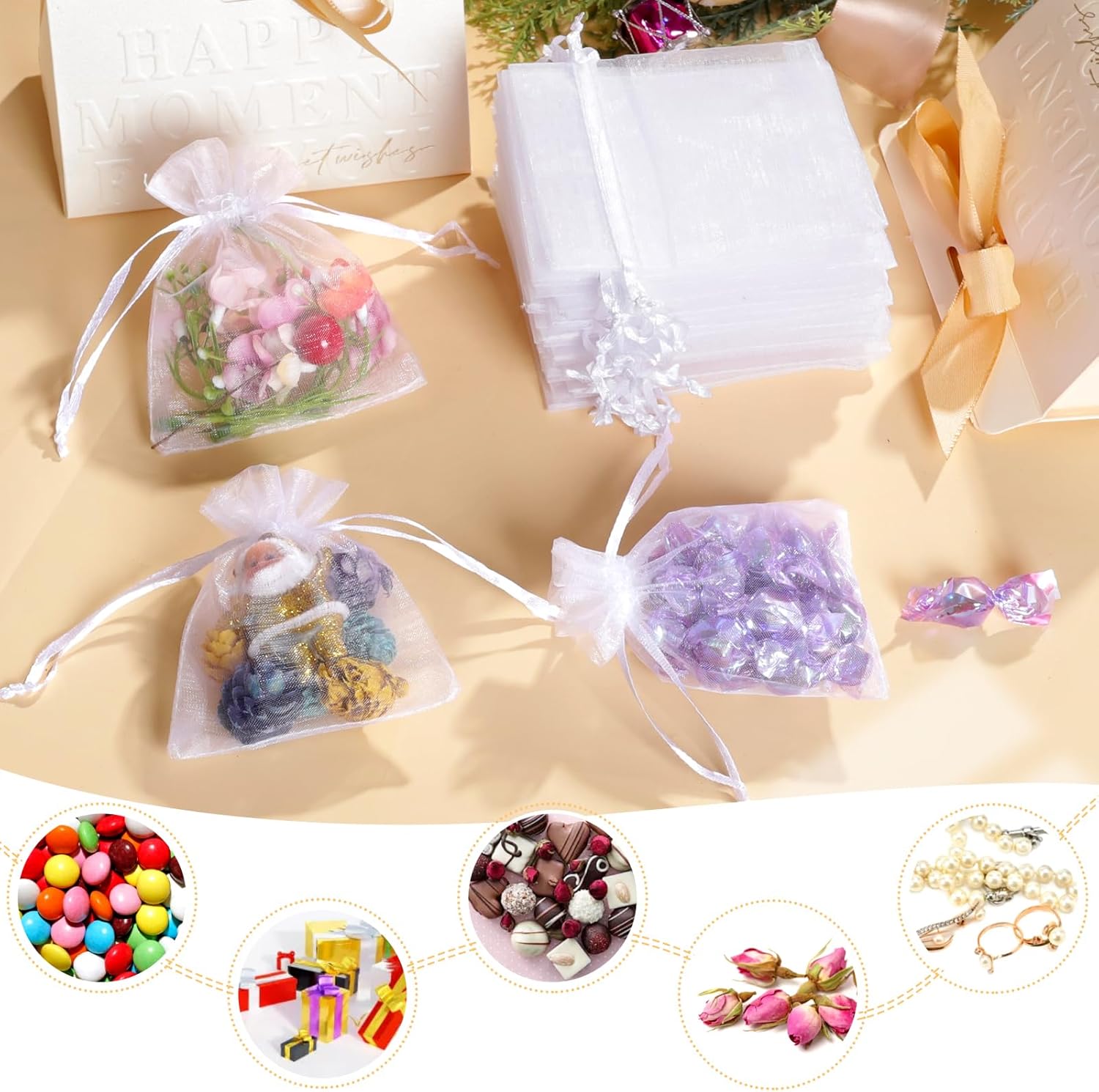 100Pcs White Organza Bags, 2x3Inch Sheer Wedding Party Favor Bags with Drawstring, Jewelry Gift Bags Christmas Candy Pouches - Image 4