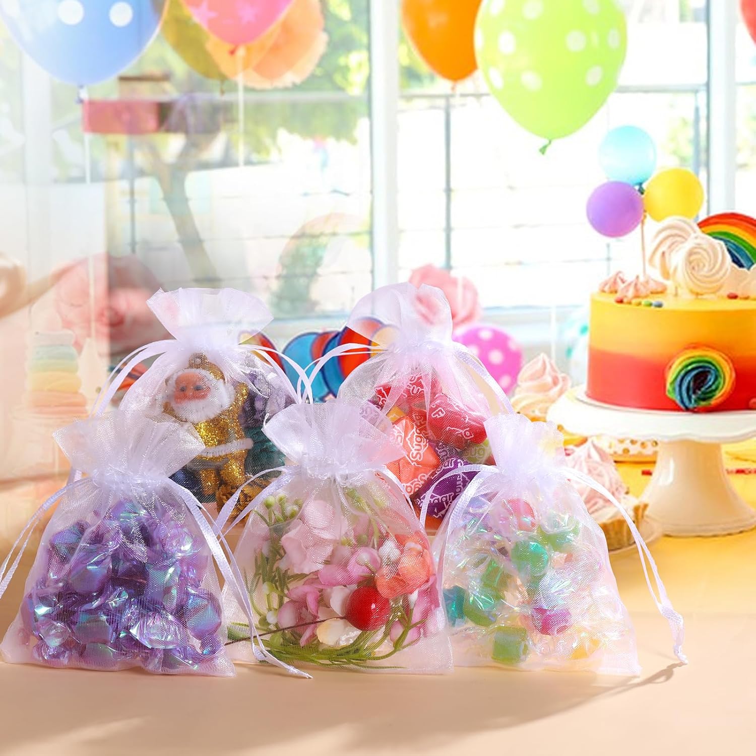 100Pcs White Organza Bags, 2x3Inch Sheer Wedding Party Favor Bags with Drawstring, Jewelry Gift Bags Christmas Candy Pouches - Image 5