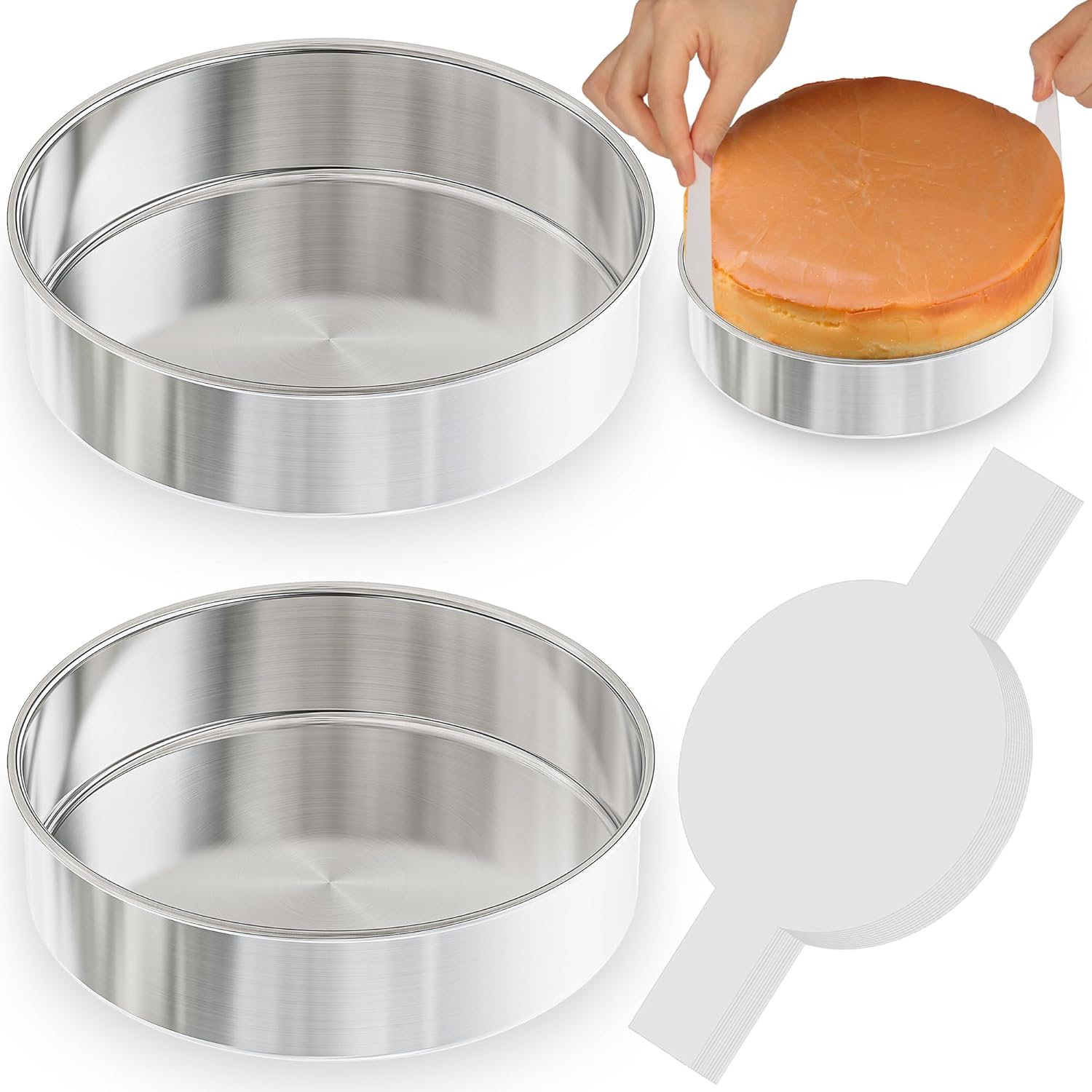 8 Inch Cake Pan Set of 2, Nonstick Stainless Steel Round Layer Cake Baking Pans with 100PCS Parchment Papers, Circle Cake Pan Tins for Birthday Christmas, Non-Toxic & Healthy, Dishwasher Safe - Image 1
