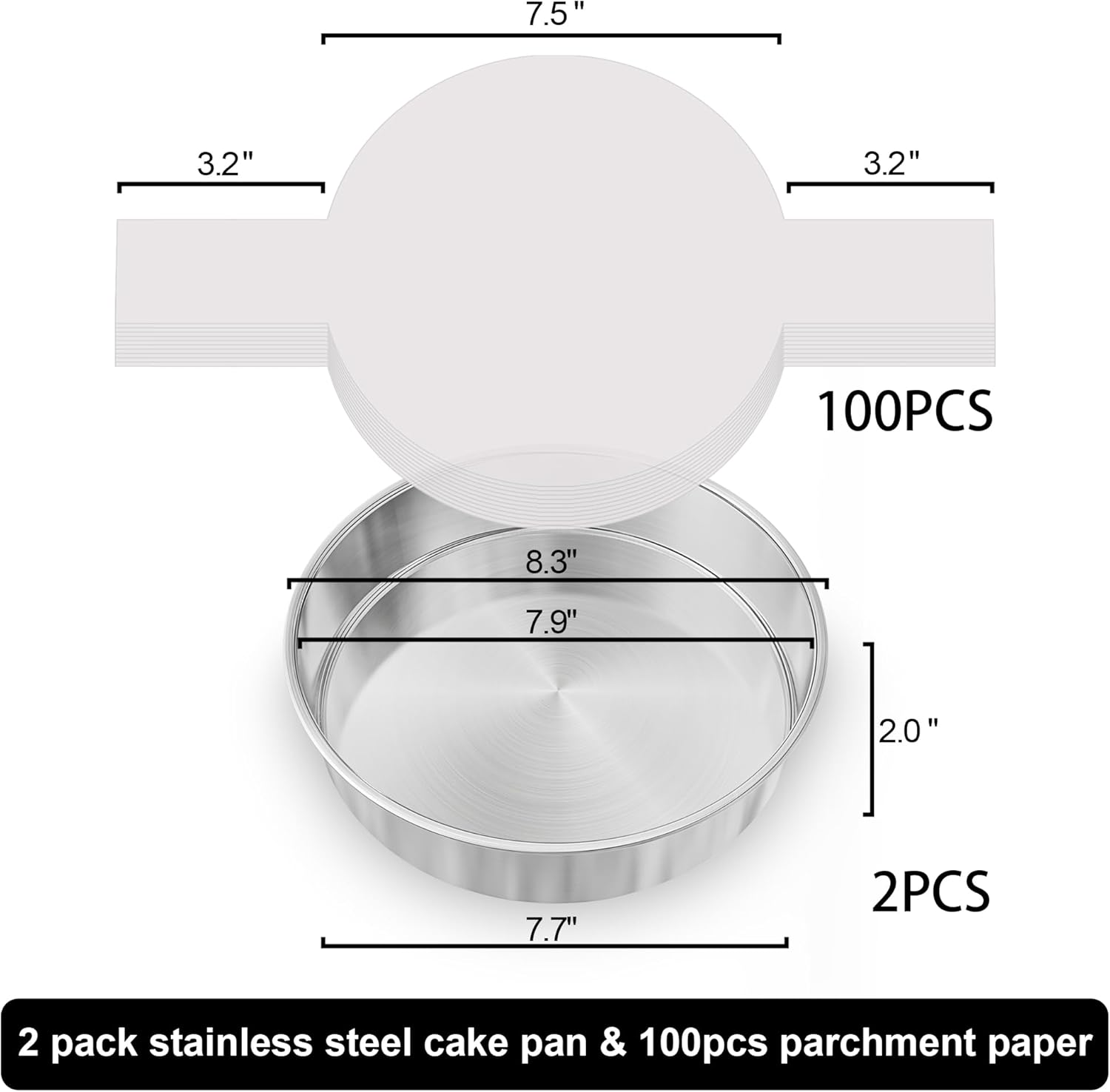 8 Inch Cake Pan Set of 2, Nonstick Stainless Steel Round Layer Cake Baking Pans with 100PCS Parchment Papers, Circle Cake Pan Tins for Birthday Christmas, Non-Toxic & Healthy, Dishwasher Safe - Image 2