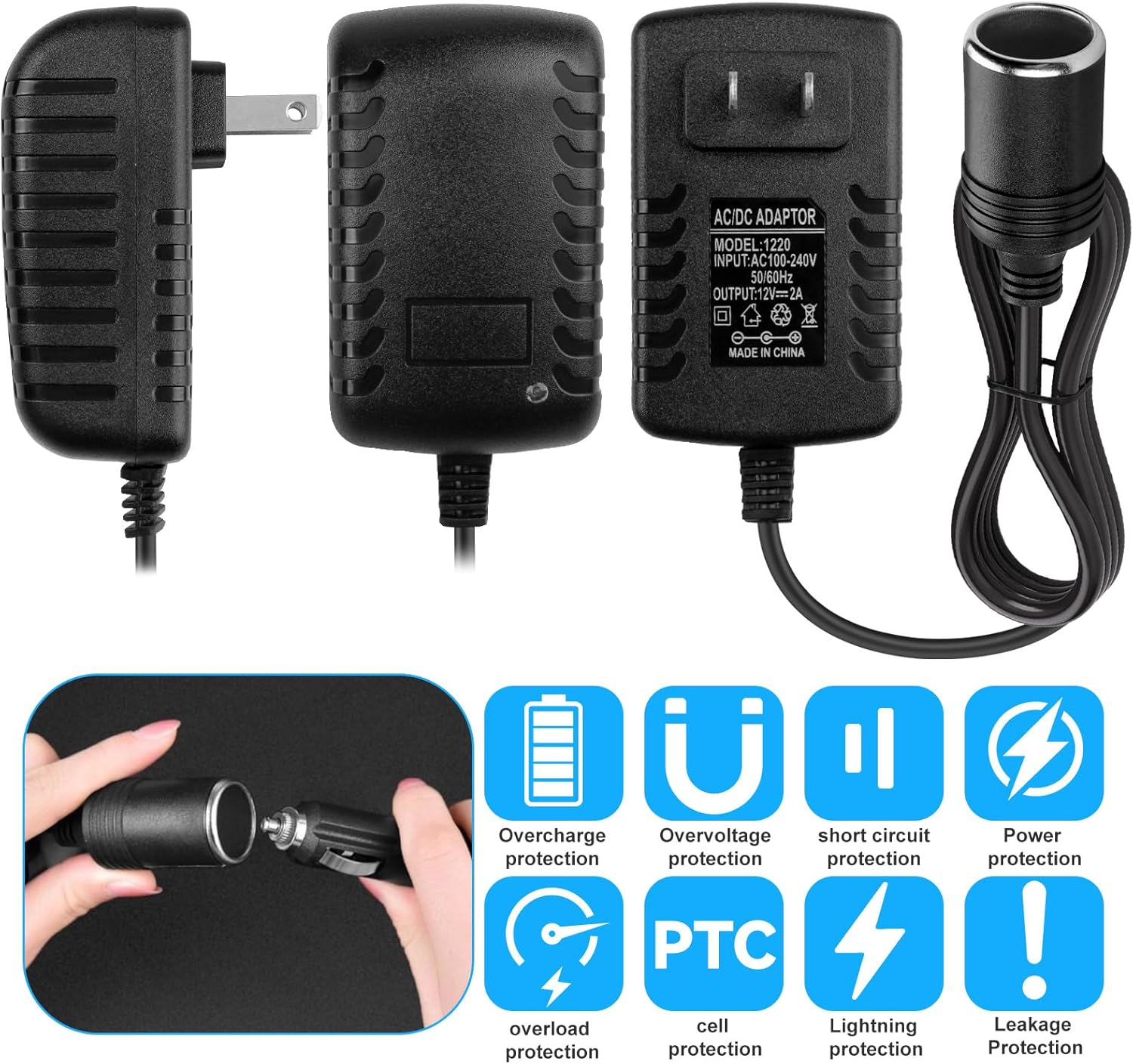 AC to DC Converter 2A 24W Car Cigarette Lighter Socket Adapter Power Cable 110-240V to 12V AC/DC for Automobile Home Use Car to Wall Plug（Under 24W only） - Image 2