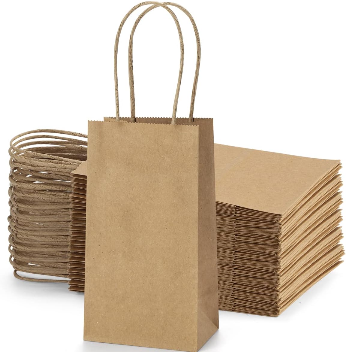 100 Pack 3.5x2.4x6.7 Inches Mini Gift Party Favor Bags Small Brown Gift Bags with Handles Bulk Recyclable Kraft Paper Sacks - Image 1