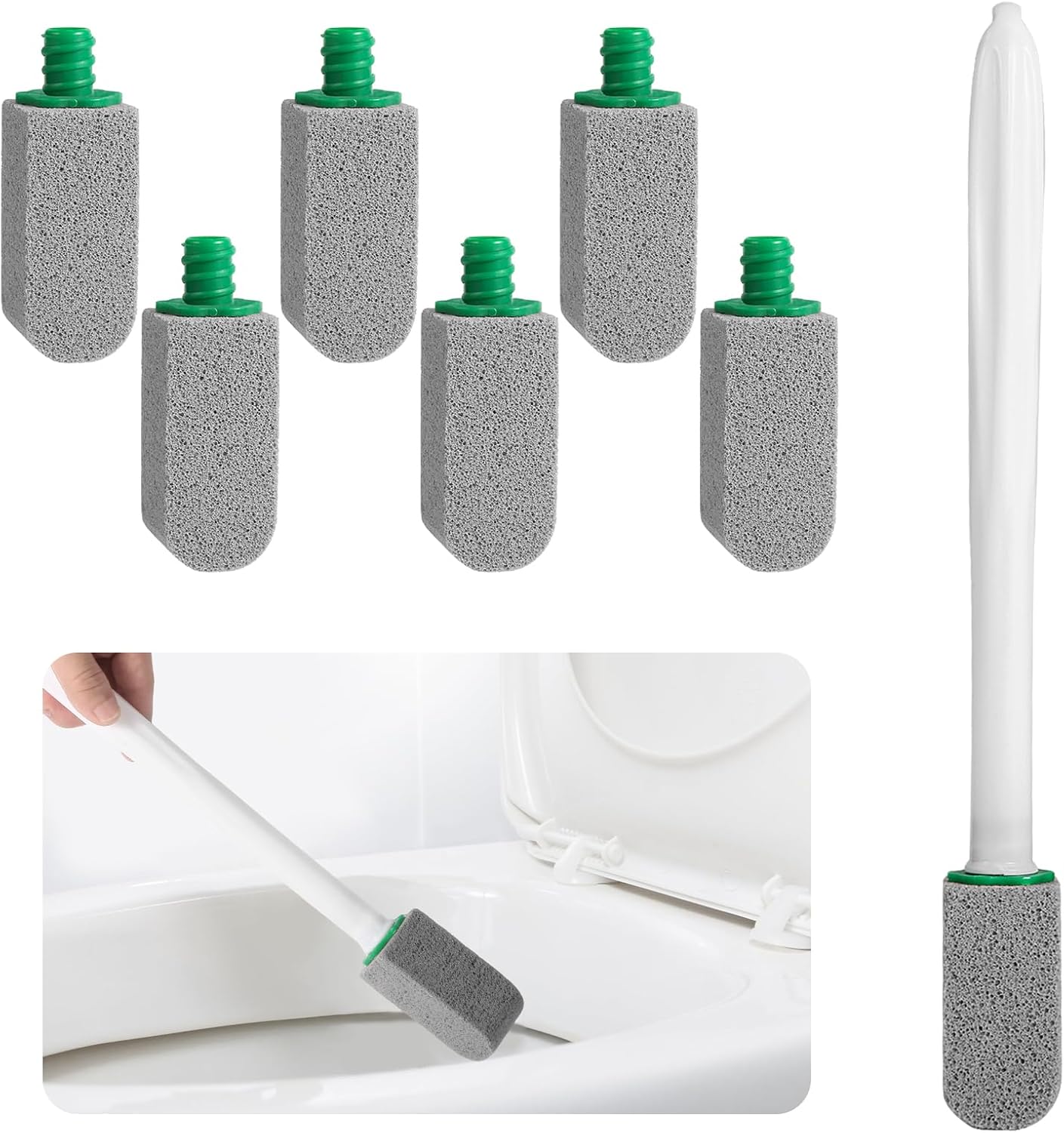 Pumice Stone Toilet Bowl Cleaner with Handle, 1 Wand + 6 Pumice Stones, Clean Hard Water Stains and Rust, Suitable for Toilets, Sinks, and Grills - Image 1