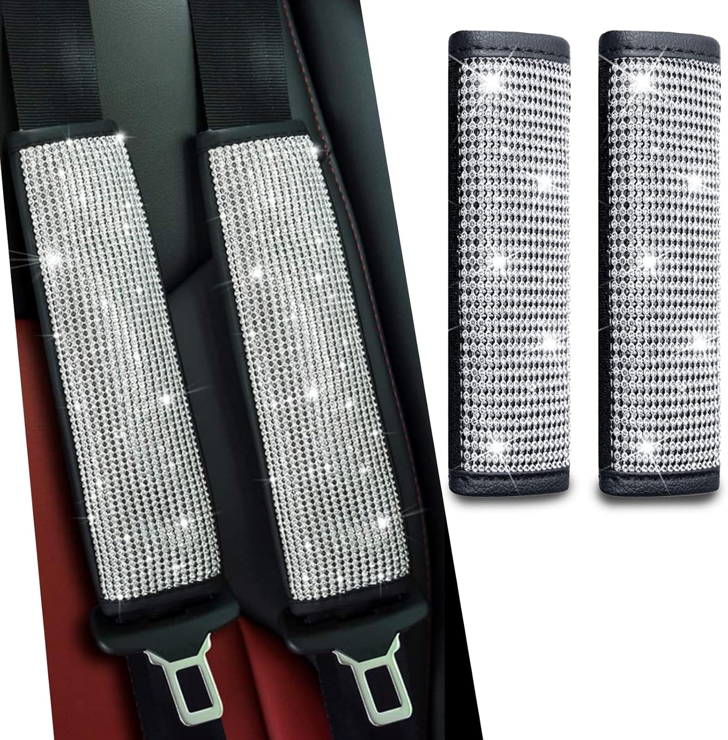 2-Pack Bling Seat Belt Covers,Bling Seat Belt Covers for Womens,Car Seat Belt Strap Cover Shoulder Pad,Universal Car Interior Accessories Fit for Car/Truck/SUV(Silver,2PC) - Image 1