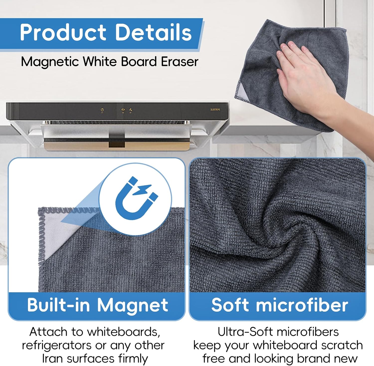 4 Pack Magnetic Microfiber Cleaning Cloth, Dry Erase Erasers Cleaner for Whiteboards, Blackboards, Chalkboards, Glassboards, Home, Office, School, Gray, 10'' x 9.25'' - Image 3