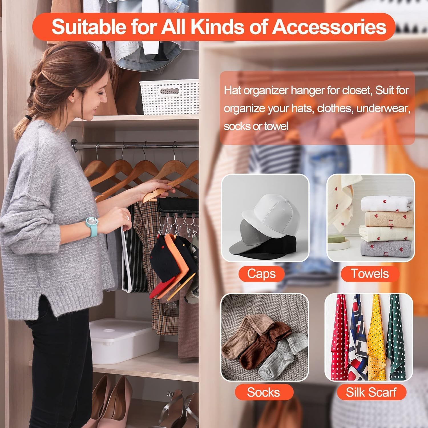 Hat Rack for Baseball Caps Hat Organizer Holder for Hanger & Room Closet Display, 2Pack 10 Hat Storage Clips for Hang Ball Caps Beanie, for Men Gift, Not Including Hangers & Hats (2PC Black) - Image 2