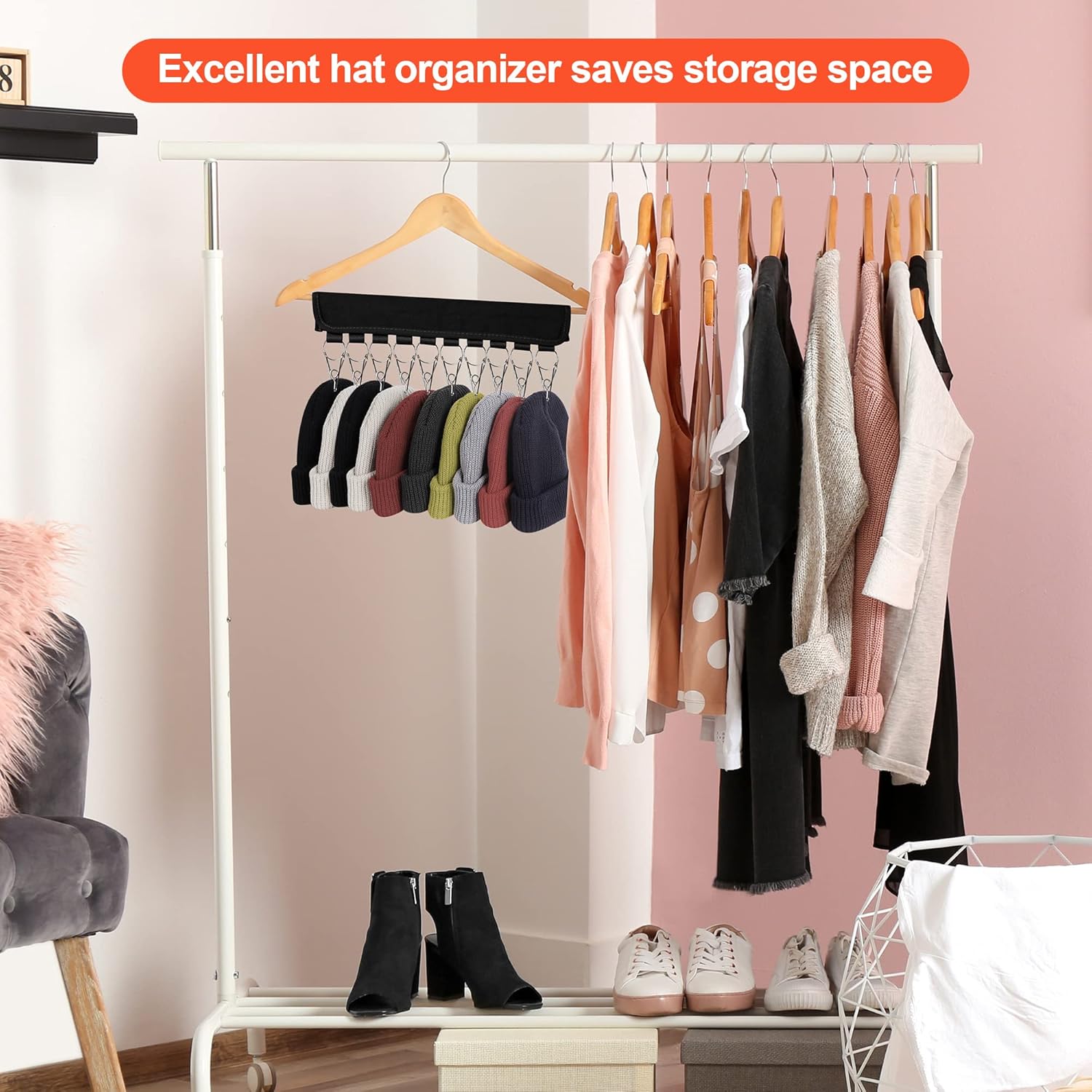 Hat Rack for Baseball Caps Hat Organizer Holder for Hanger & Room Closet Display, 2Pack 10 Hat Storage Clips for Hang Ball Caps Beanie, for Men Gift, Not Including Hangers & Hats (2PC Black) - Image 6