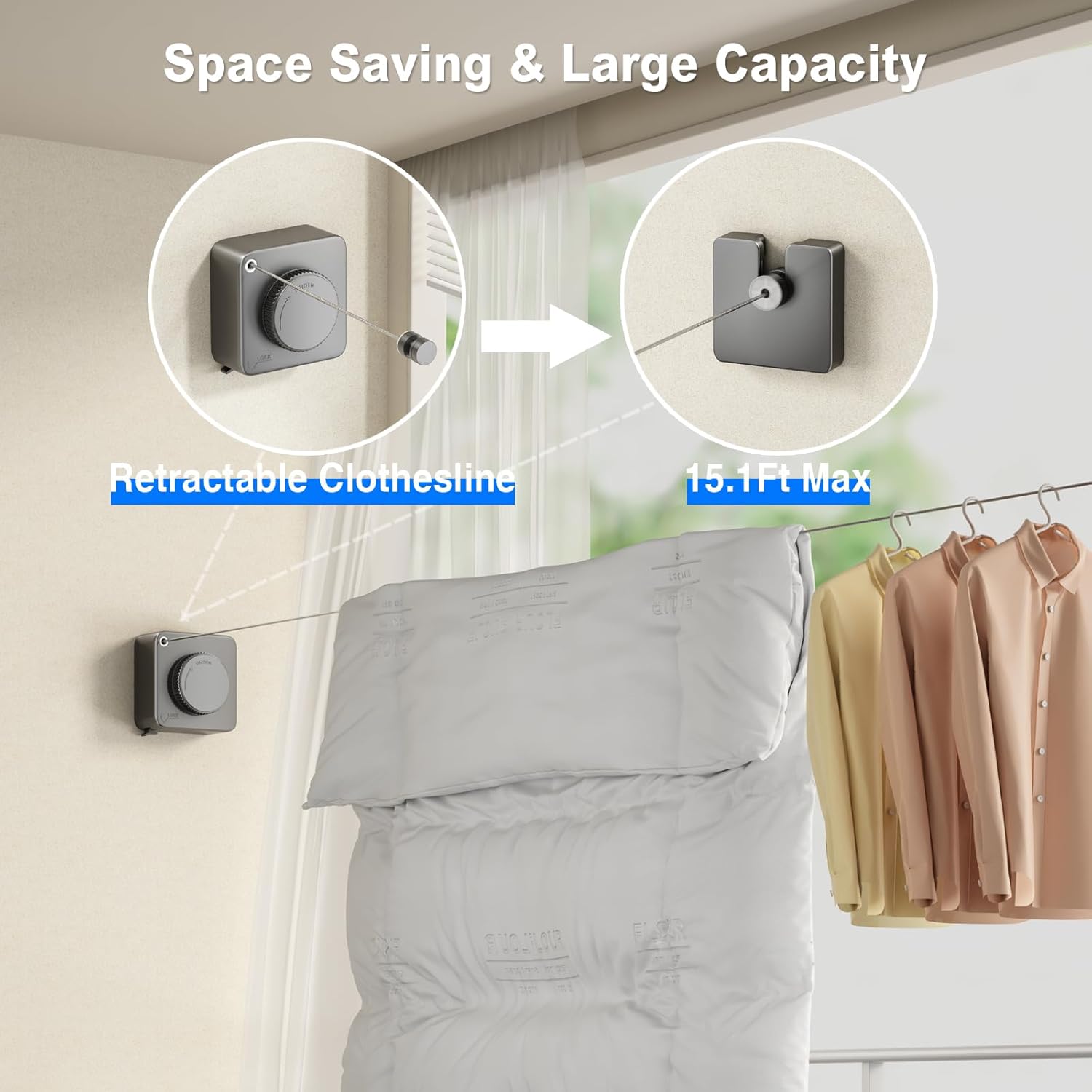 Retractable Clothesline Indoor, Non-Sagging Outdoor Clothes Line Retracting Heavy Duty Clothes Drying Laundry Line Wall Mounted Stainless Steel Line-15.1 Feets(Square-Gray) - Image 2