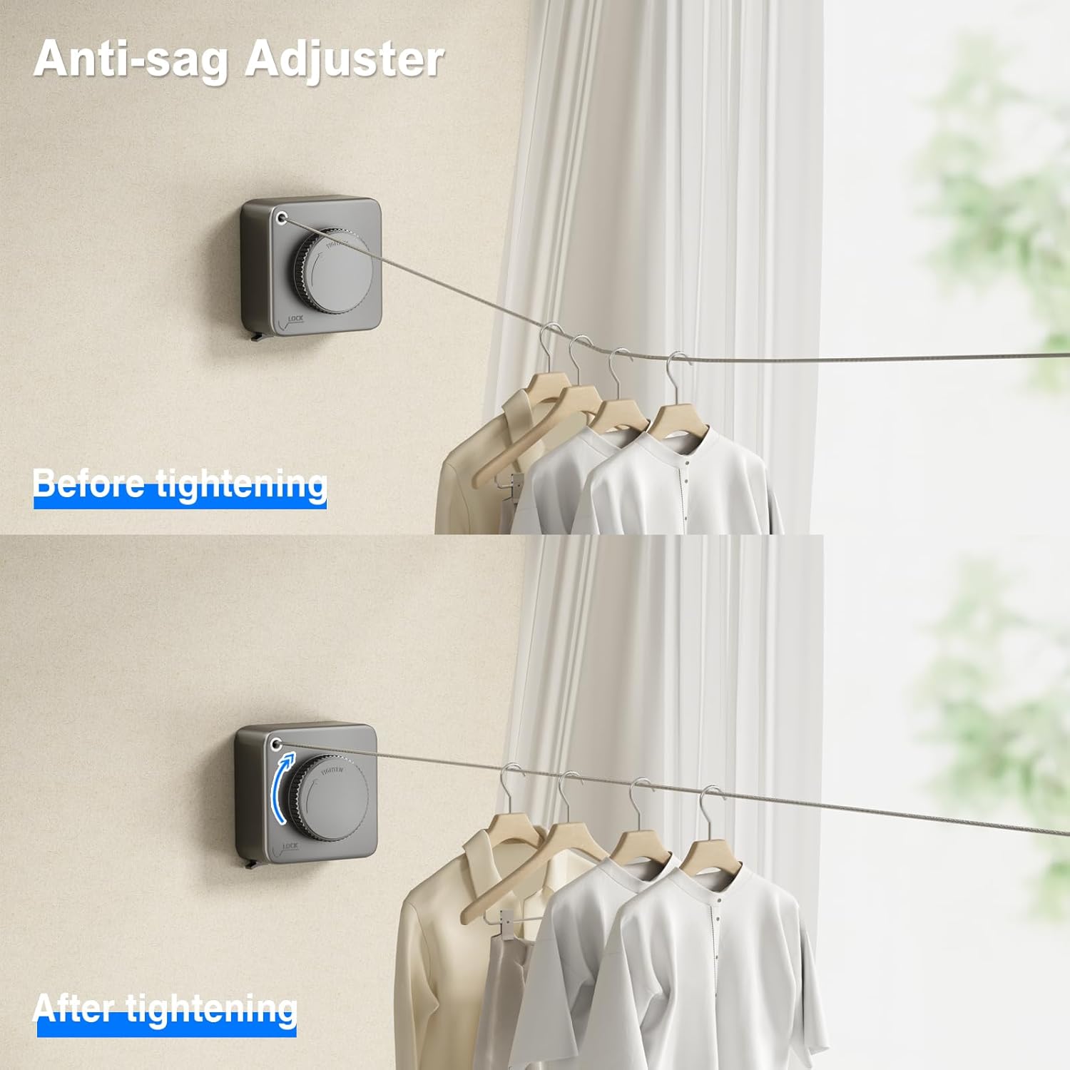 Retractable Clothesline Indoor, Non-Sagging Outdoor Clothes Line Retracting Heavy Duty Clothes Drying Laundry Line Wall Mounted Stainless Steel Line-15.1 Feets(Square-Gray) - Image 3