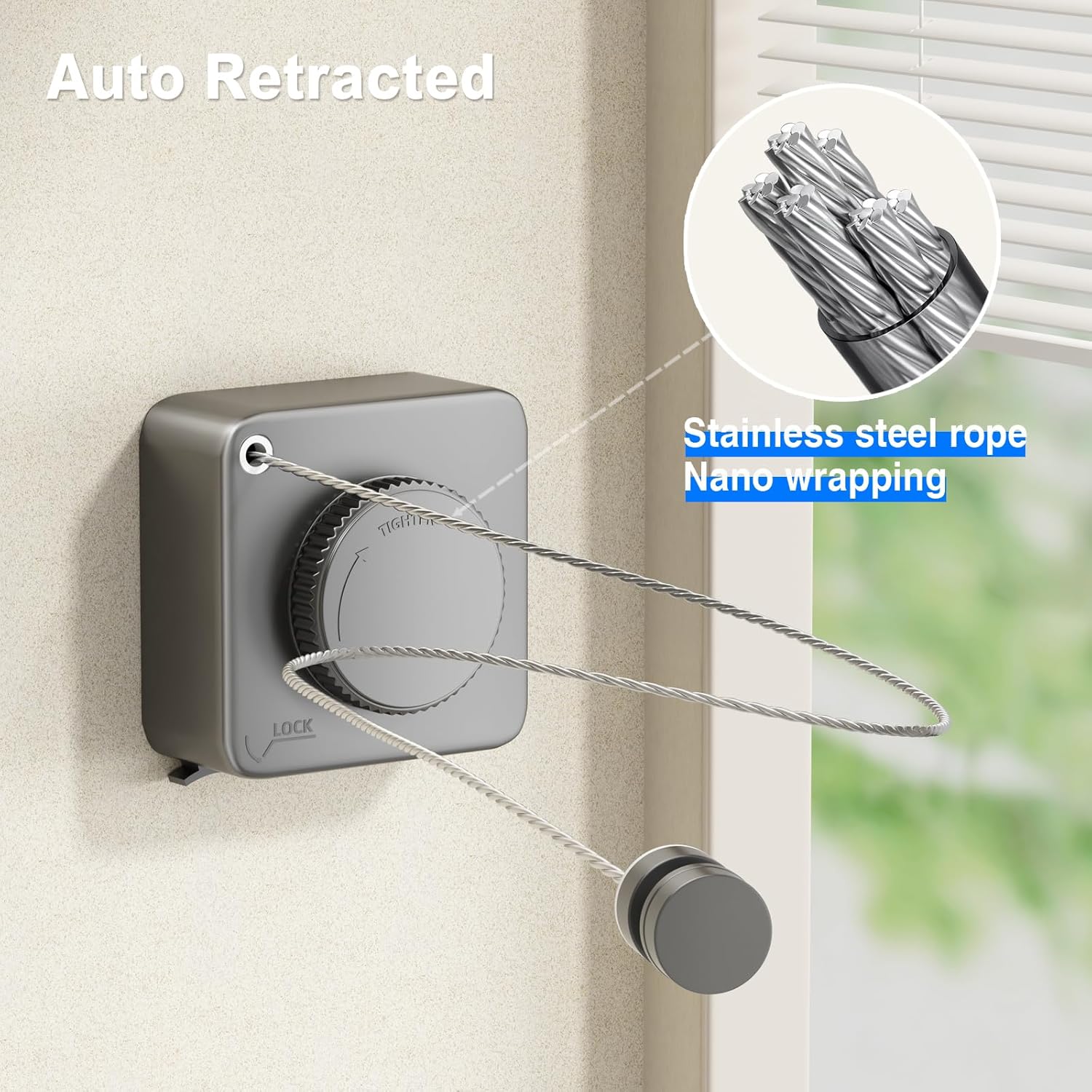 Retractable Clothesline Indoor, Non-Sagging Outdoor Clothes Line Retracting Heavy Duty Clothes Drying Laundry Line Wall Mounted Stainless Steel Line-15.1 Feets(Square-Gray) - Image 4