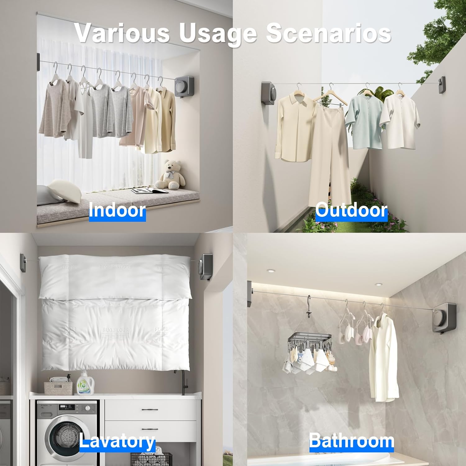 Retractable Clothesline Indoor, Non-Sagging Outdoor Clothes Line Retracting Heavy Duty Clothes Drying Laundry Line Wall Mounted Stainless Steel Line-15.1 Feets(Square-Gray) - Image 6