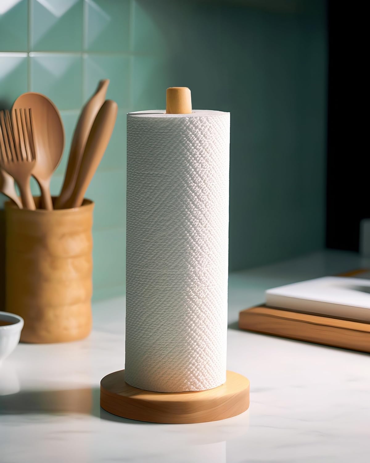 Wooden Paper Towel Holder Stand - Kitchen Paper Hanger Rack Bathroom Towel Roll Stand Organizer Simply Standing Countertop Paper Roll Holder, WPTH - Image 1