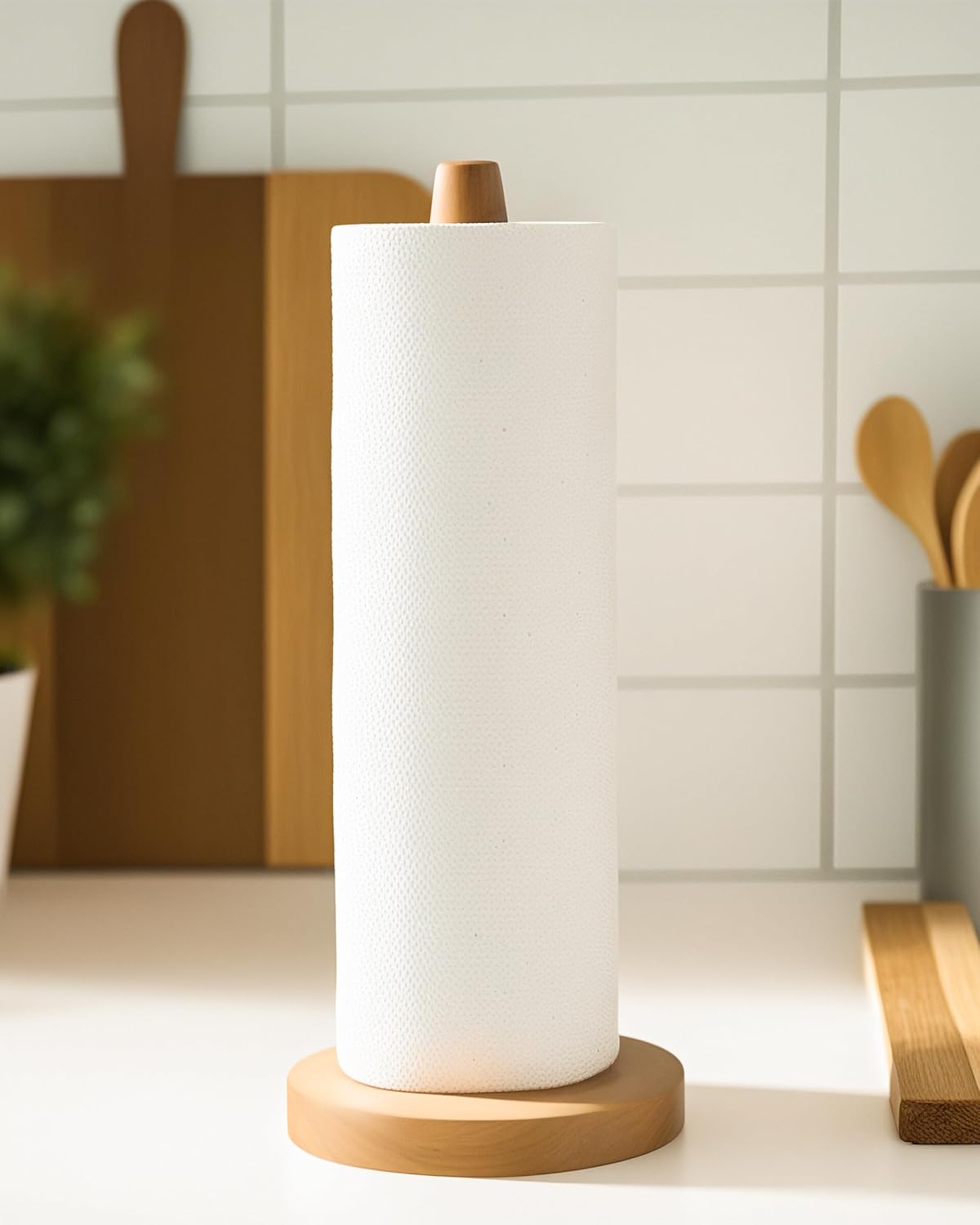 Wooden Paper Towel Holder Stand - Kitchen Paper Hanger Rack Bathroom Towel Roll Stand Organizer Simply Standing Countertop Paper Roll Holder, WPTH - Image 5