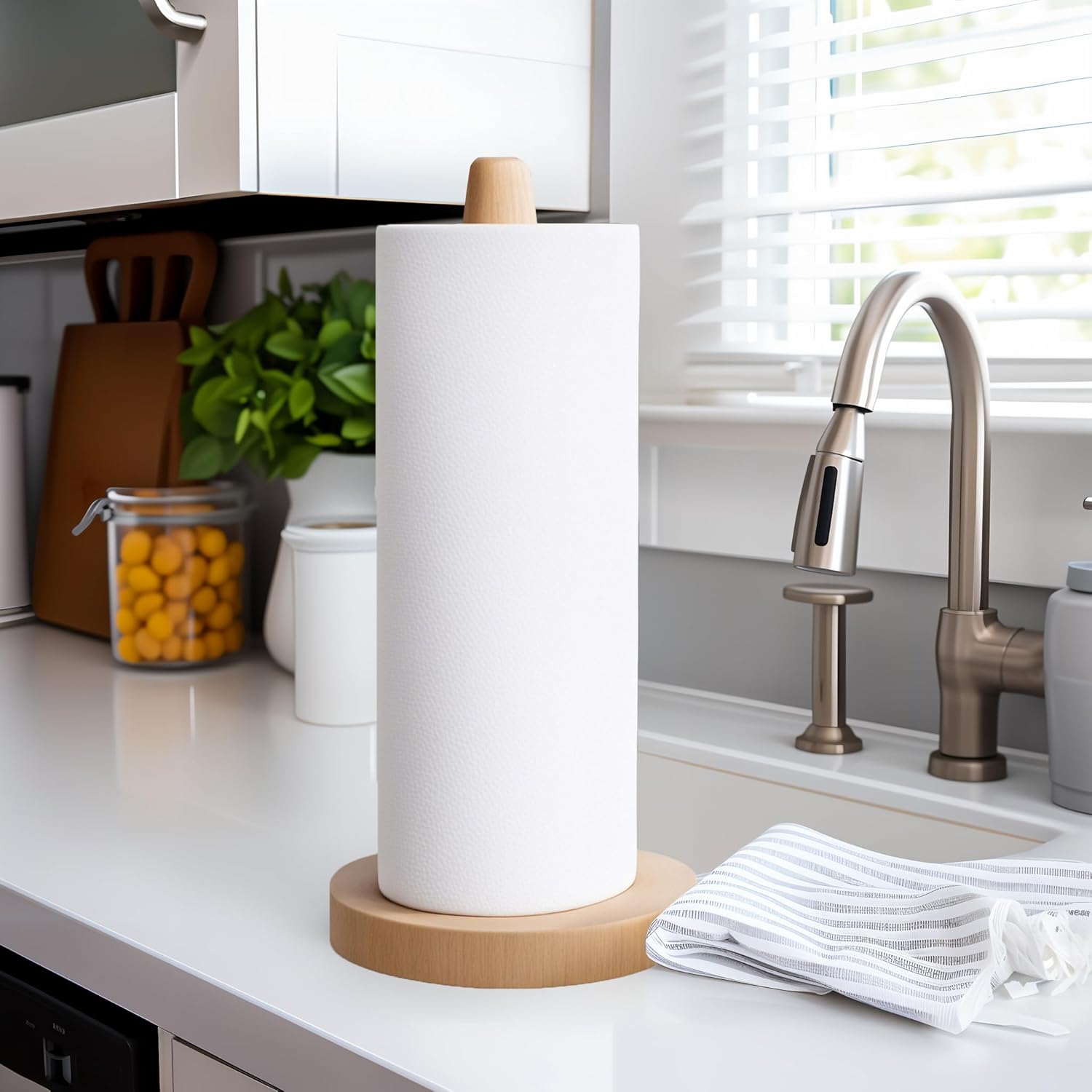 Wooden Paper Towel Holder Stand - Kitchen Paper Hanger Rack Bathroom Towel Roll Stand Organizer Simply Standing Countertop Paper Roll Holder, WPTH - Image 6