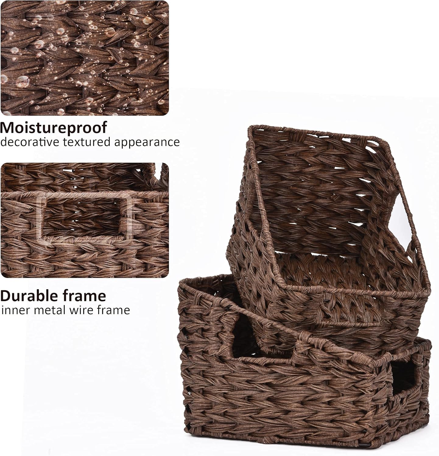 Wicker Storage Baskets, Waterproof Wicker Basket with Handles, Trapezoid Woven Storage Bins for Organizing, Decorative Basket, Brown, 2-Pack - Image 4