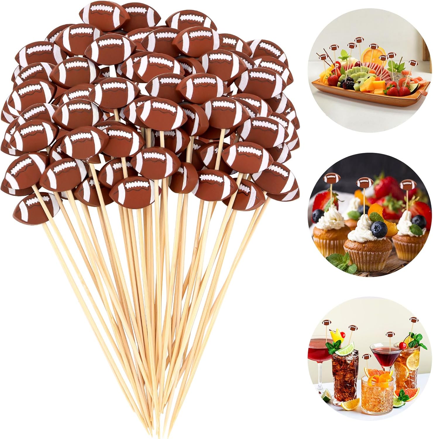 100 Pcs Football Toothpicks, 4.72 Inch Football Cocktail Picks for Appetizers, Long Bamboo Toothpicks, Decorative Toothpicks Skewers for Holiday Birthday Party Decorations (Football) - Image 1