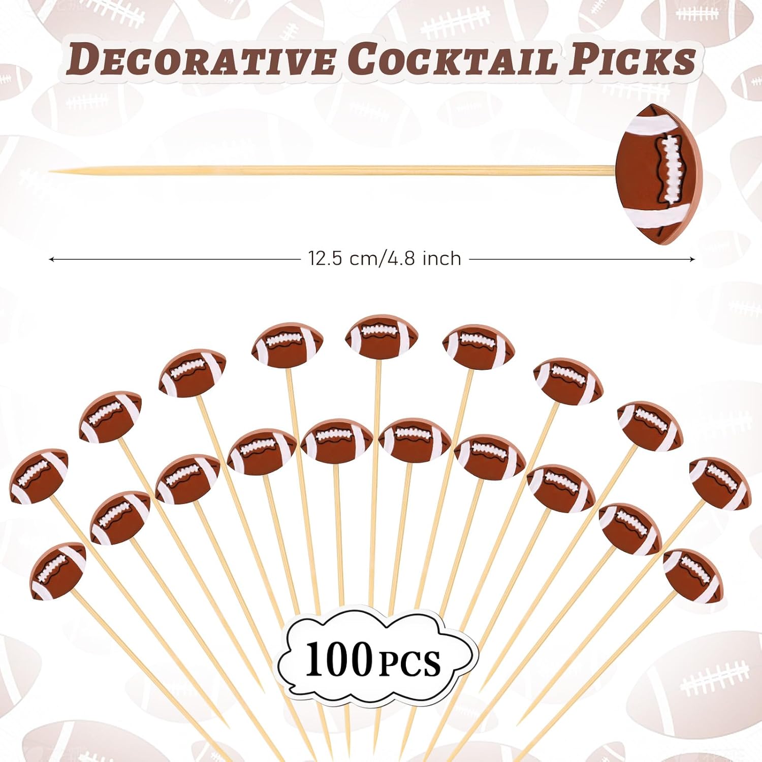 100 Pcs Football Toothpicks, 4.72 Inch Football Cocktail Picks for Appetizers, Long Bamboo Toothpicks, Decorative Toothpicks Skewers for Holiday Birthday Party Decorations (Football) - Image 2